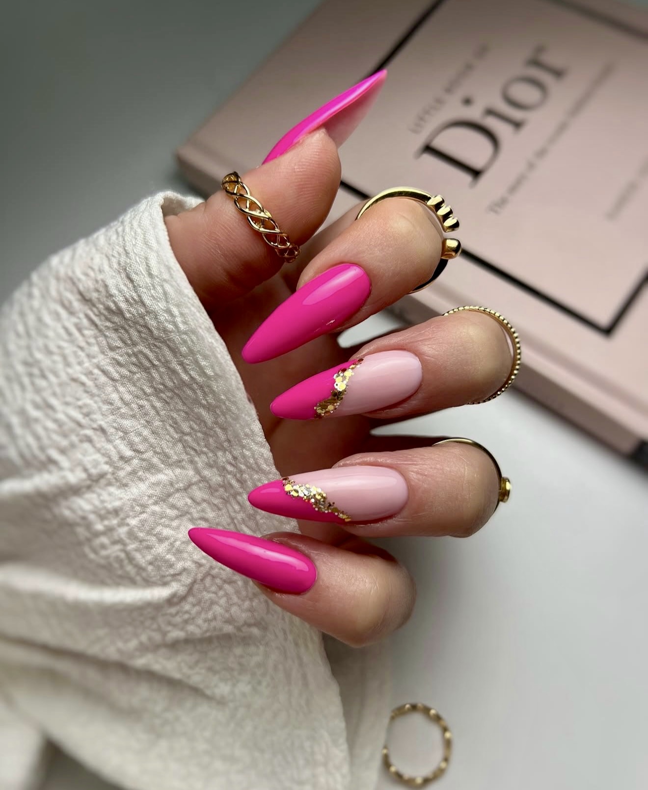 Hot Pink Almond Nails with Gold Flake Accent
