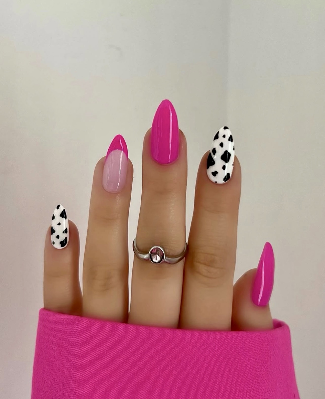 Hot Pink and Cow Print Almond Nails