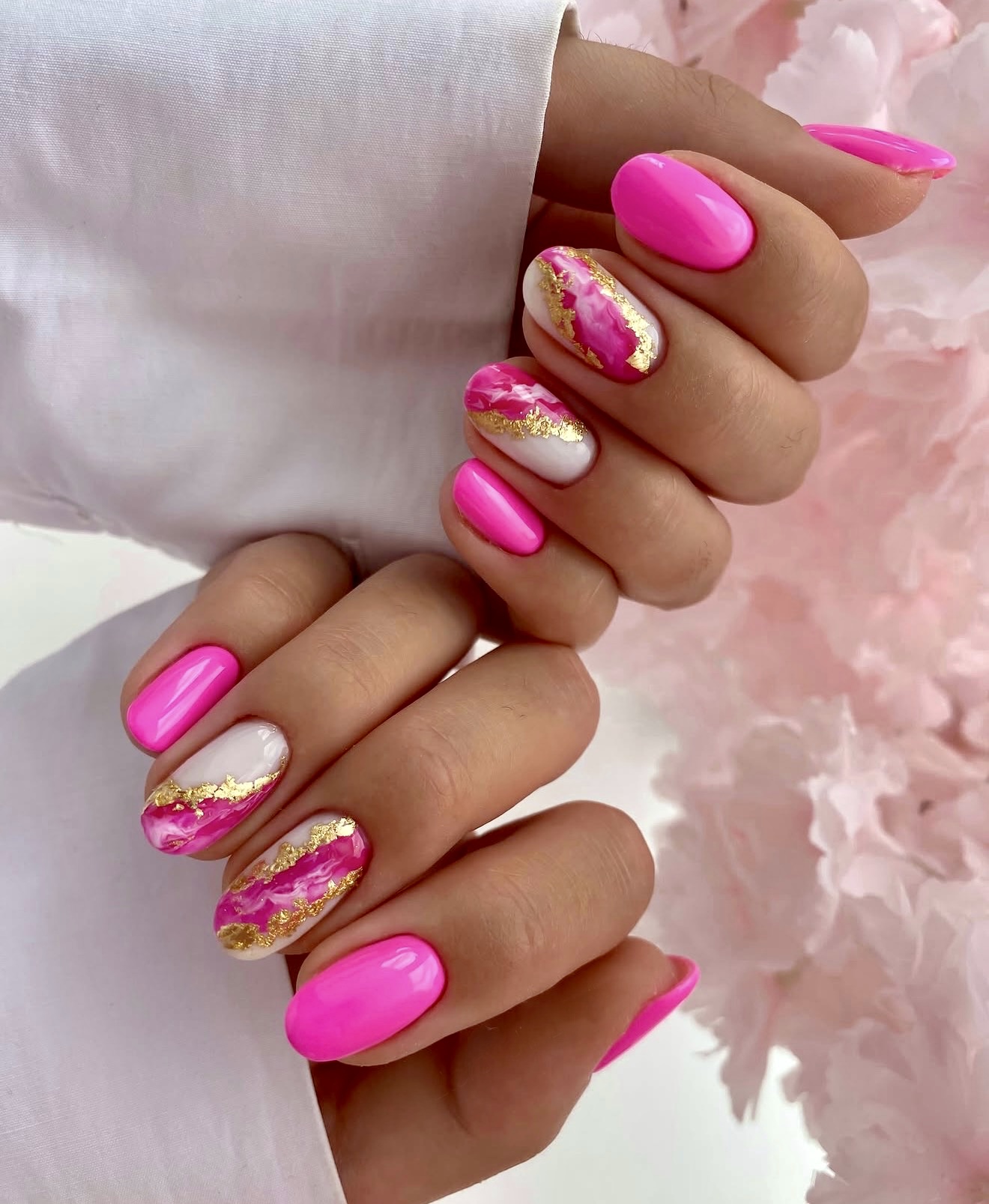 Hot Pink And White Marble Gold Foil Oval Nails