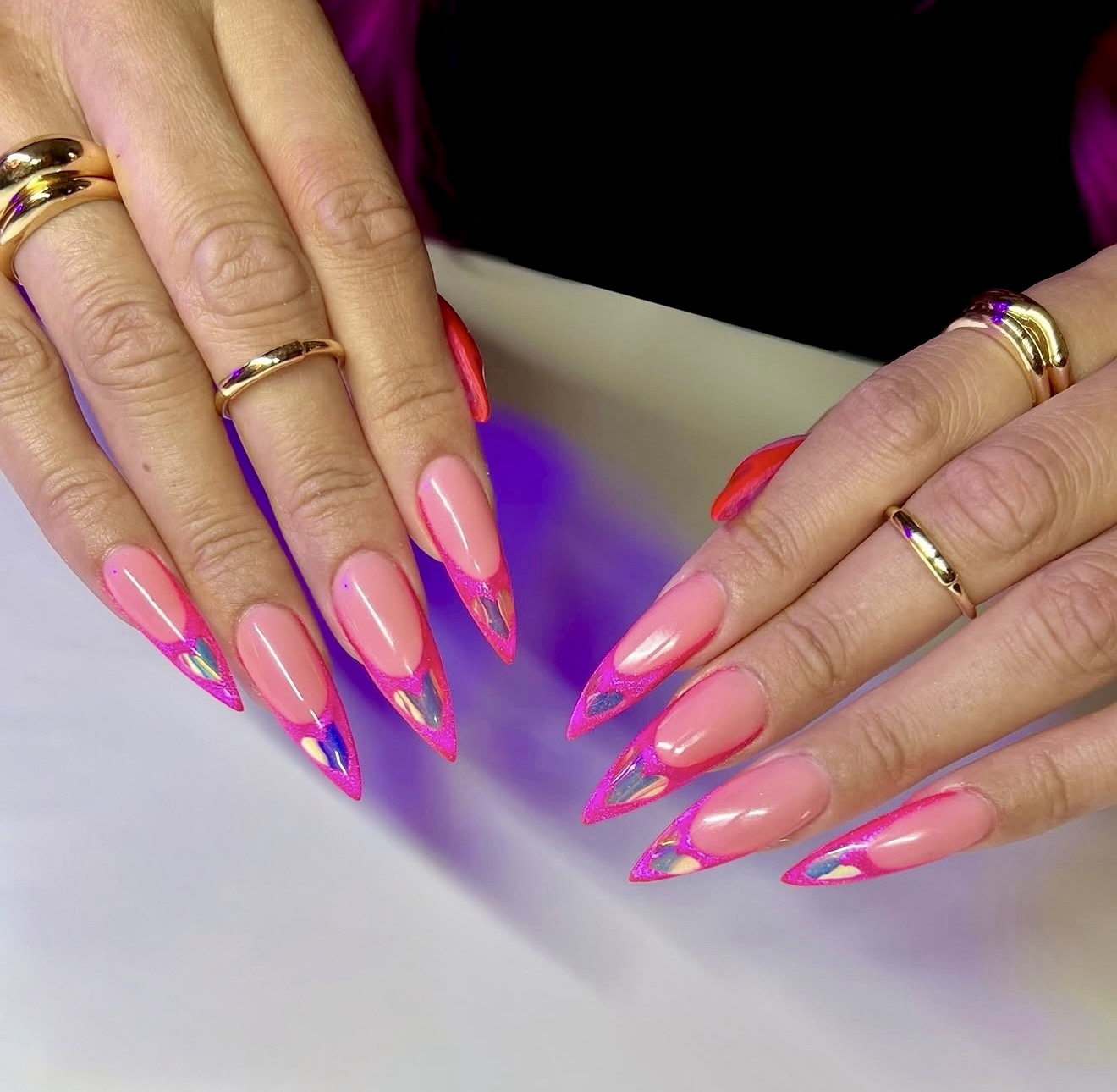 Hot Pink Chrome French Stiletto Nails