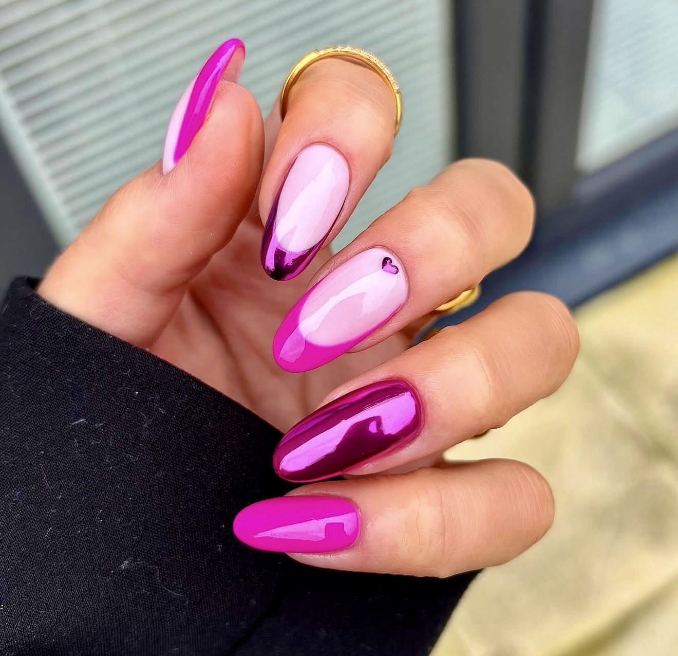Hot Pink Chrome French Tip Almond Nails