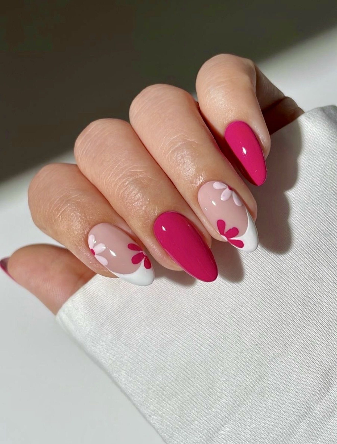 Hot Pink Daisy French Tip Almond Nails