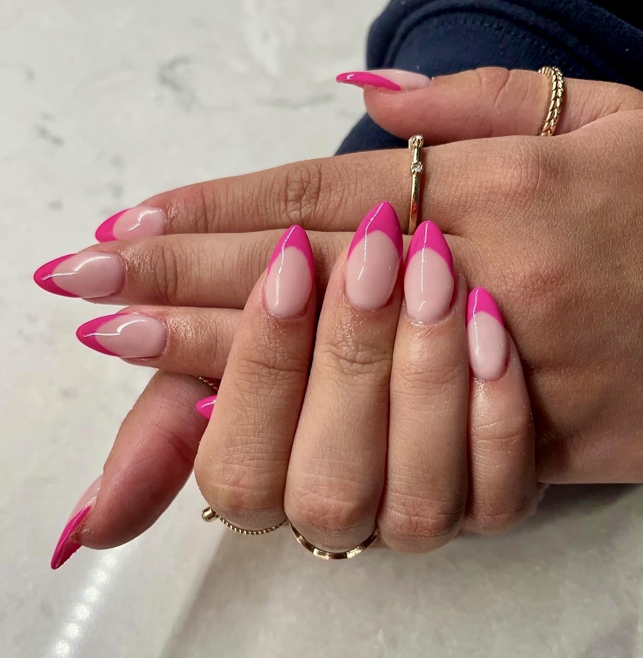 Hot Pink French Tip Almond Nails