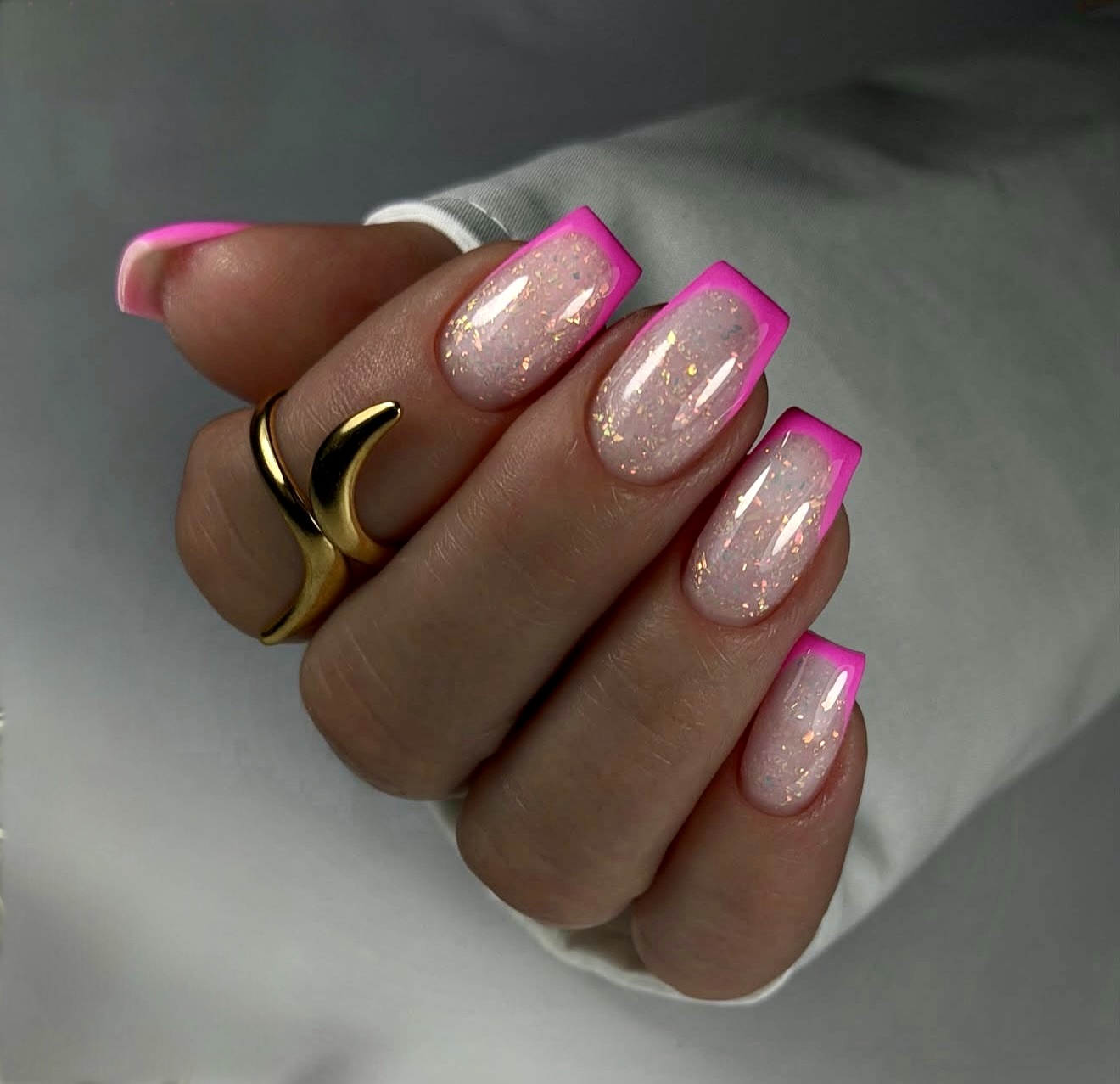 Hot Pink French Tip Glitter Nails