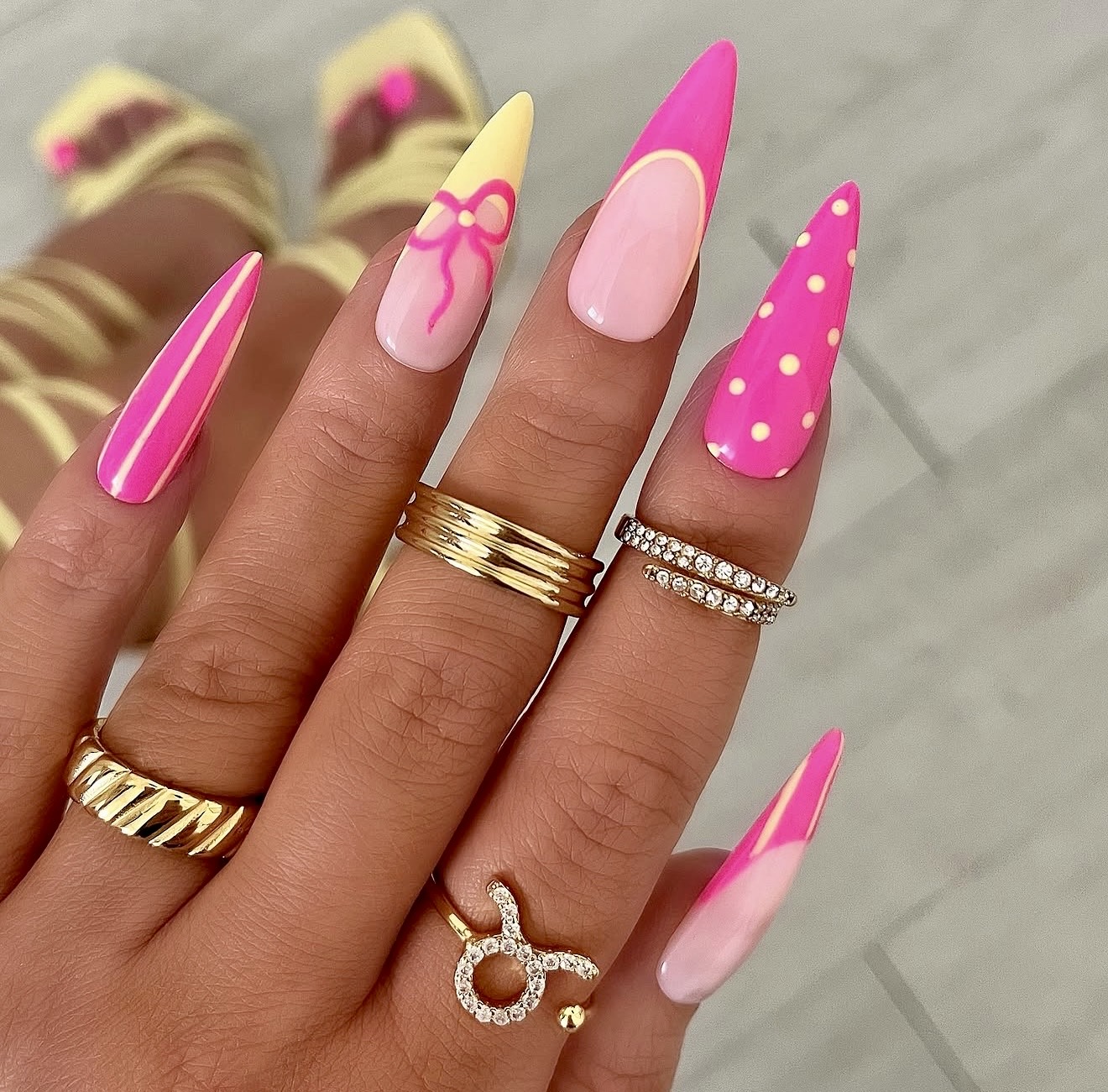 Hot Pink French Tip & Polka Dot Stiletto Nails