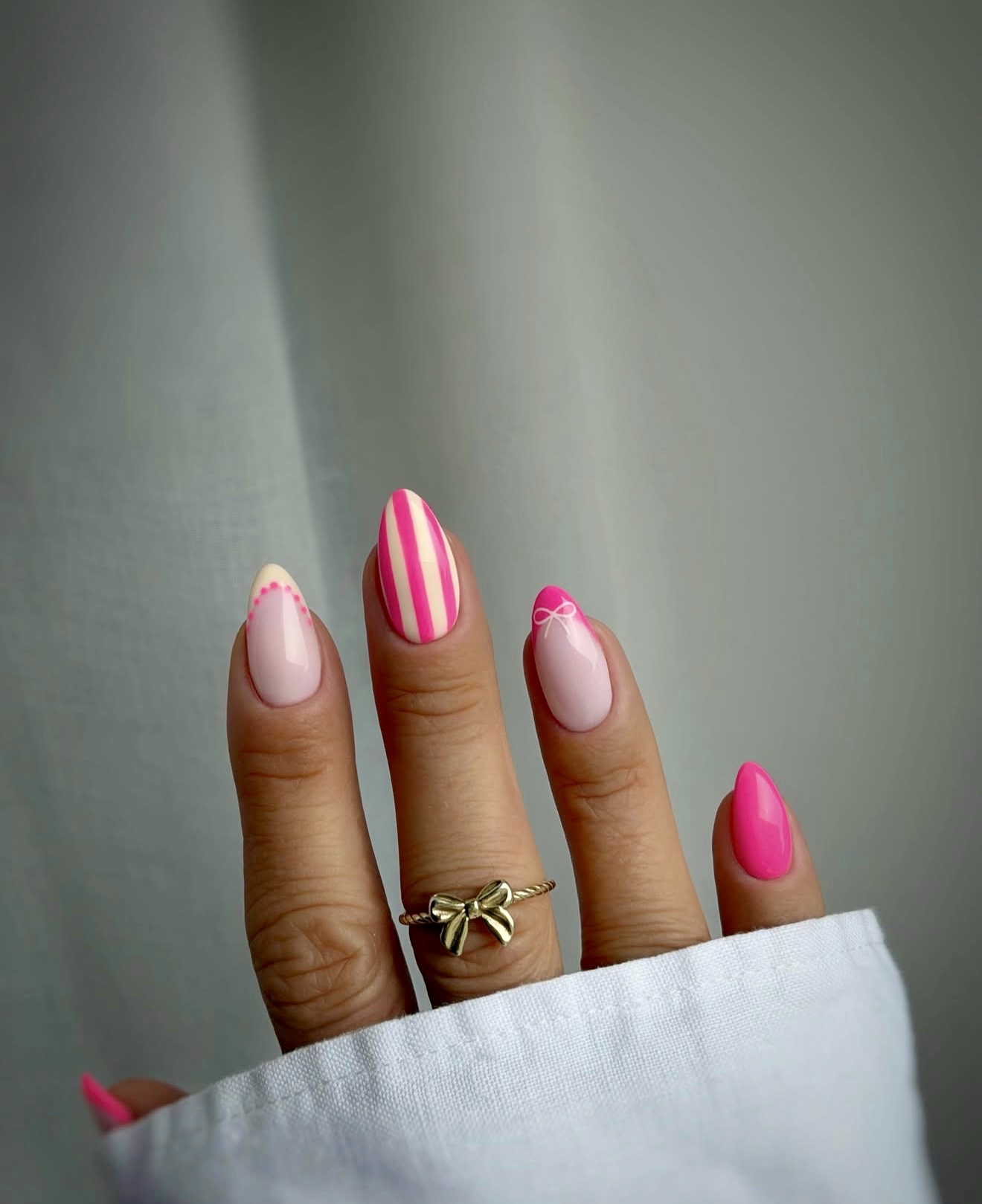 Hot Pink French Tips with Bows and Stripes