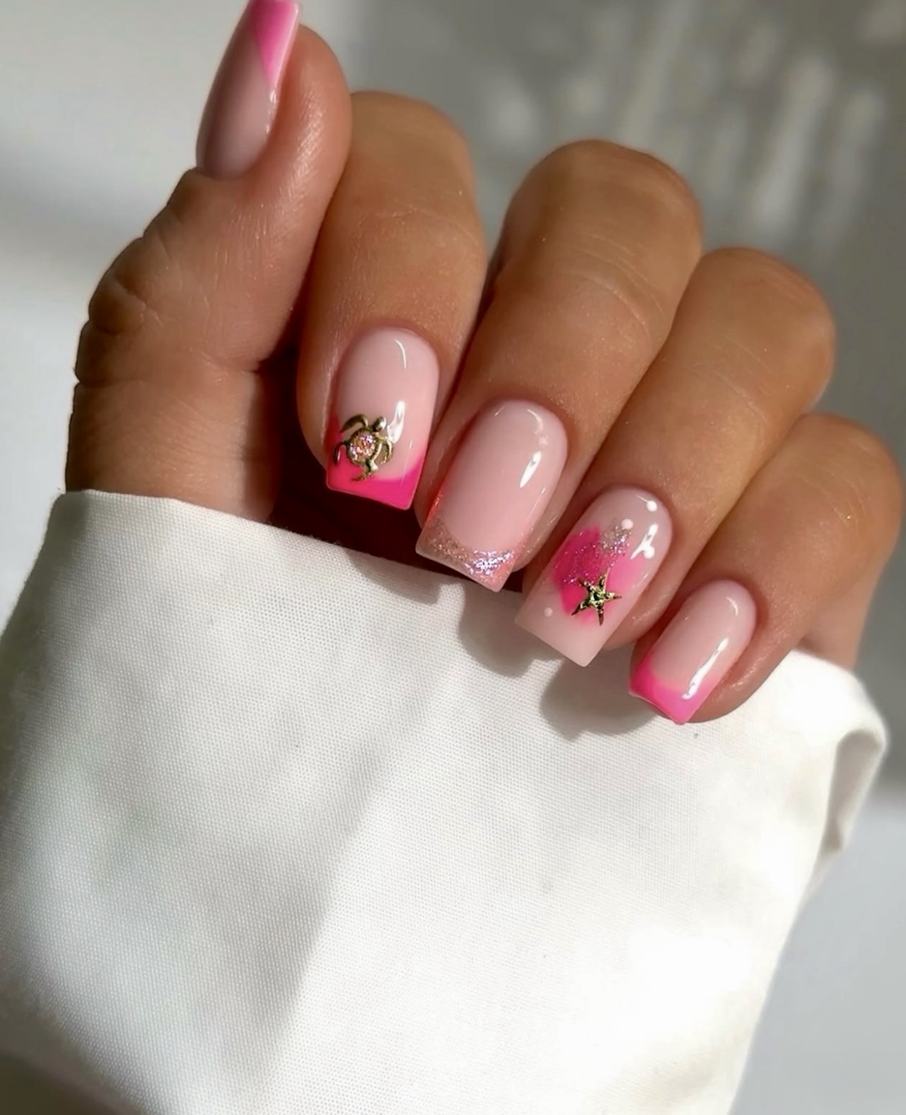 Hot Pink French Tips With Turtle Charms