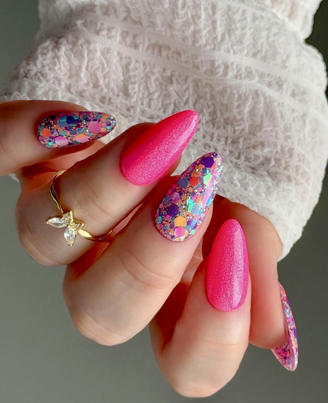 Hot Pink Glitter Bomb Almond Nails