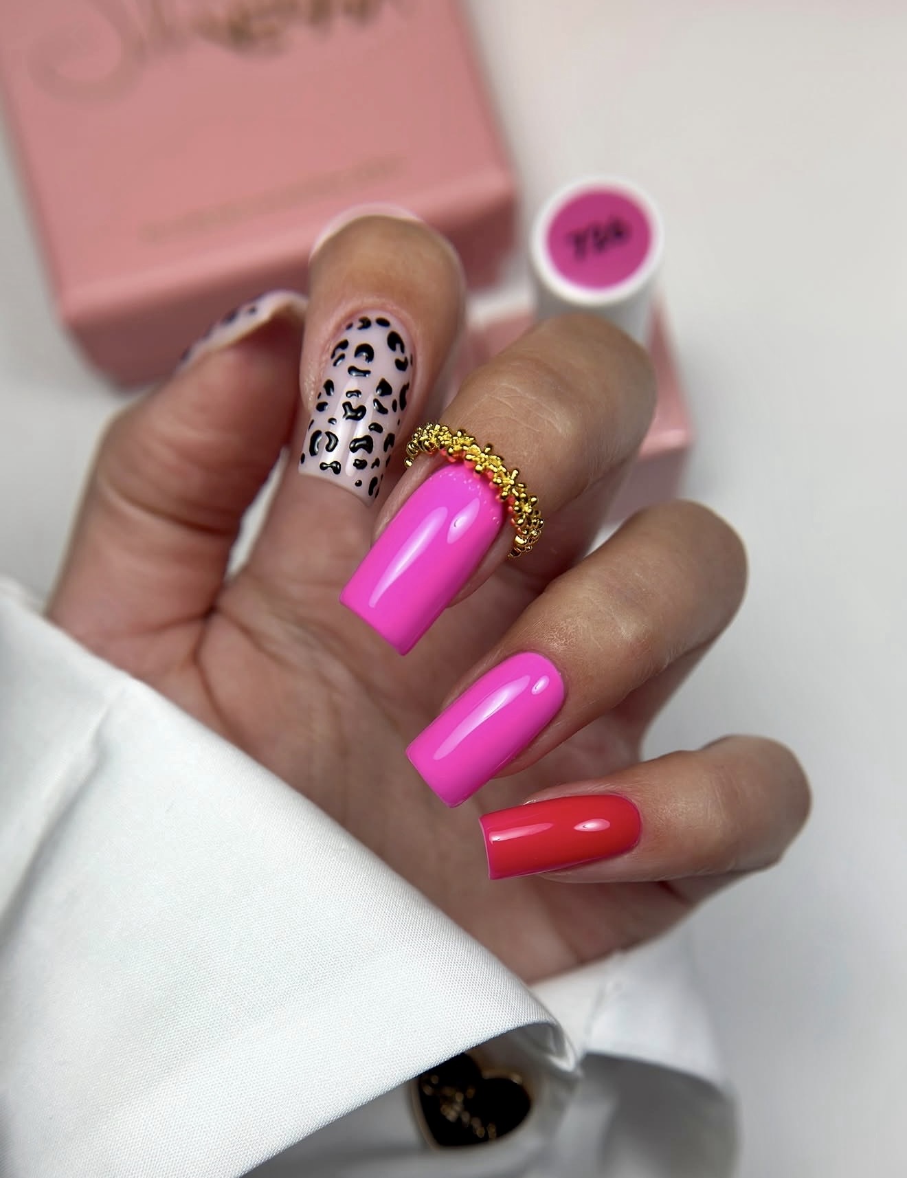 Hot Pink & Leopard Print Mismatched Square Nails