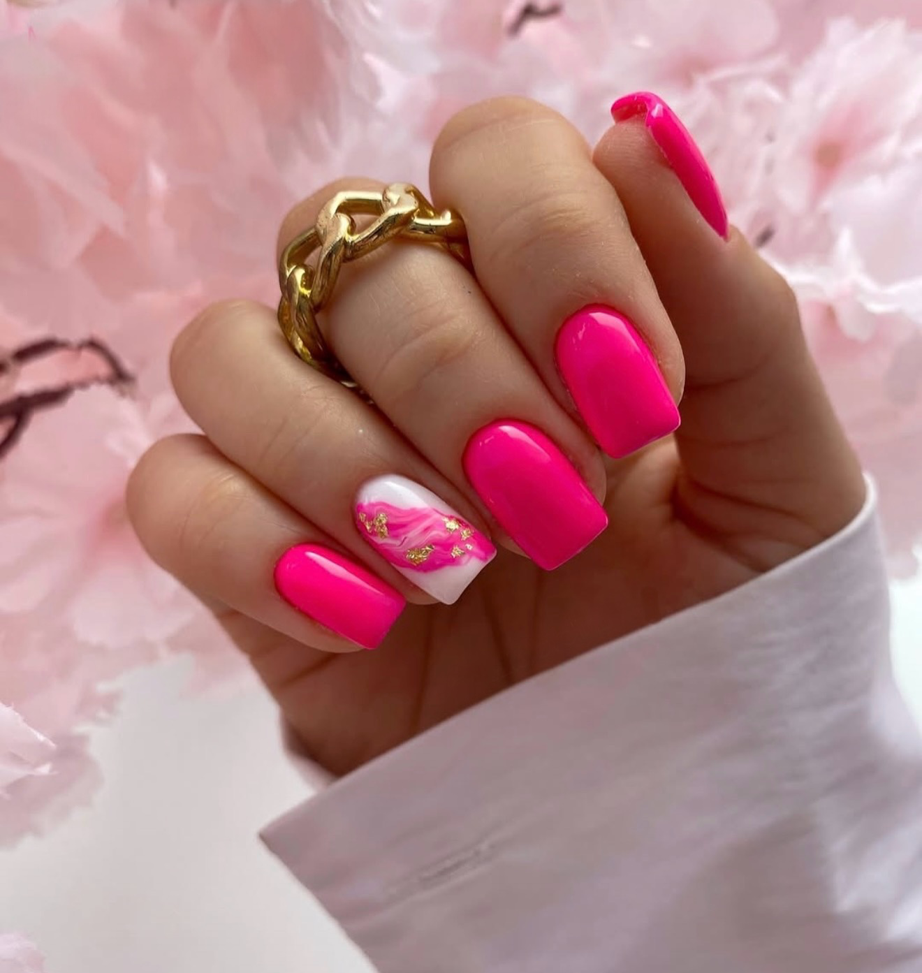 Hot Pink Marble Accent Square Nails