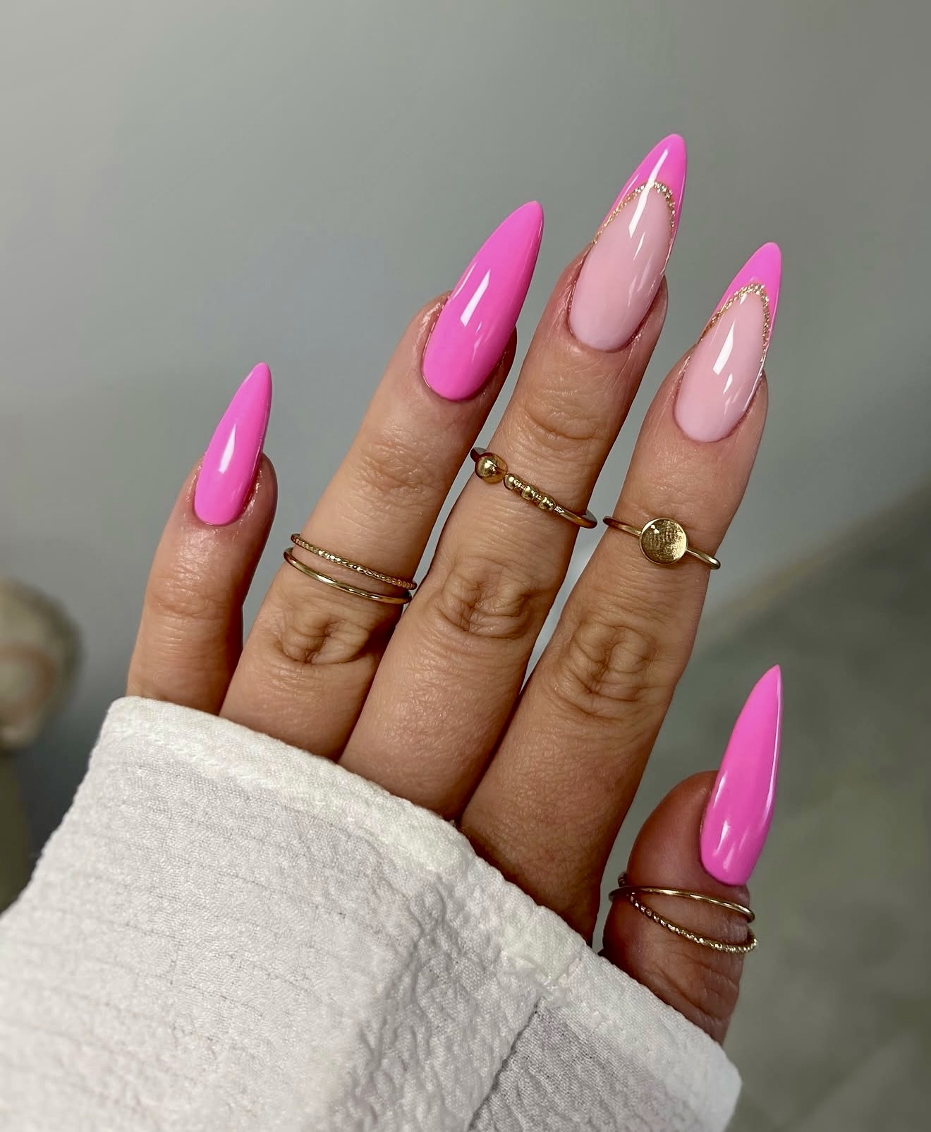 Hot Pink Stiletto French with Gold Detail