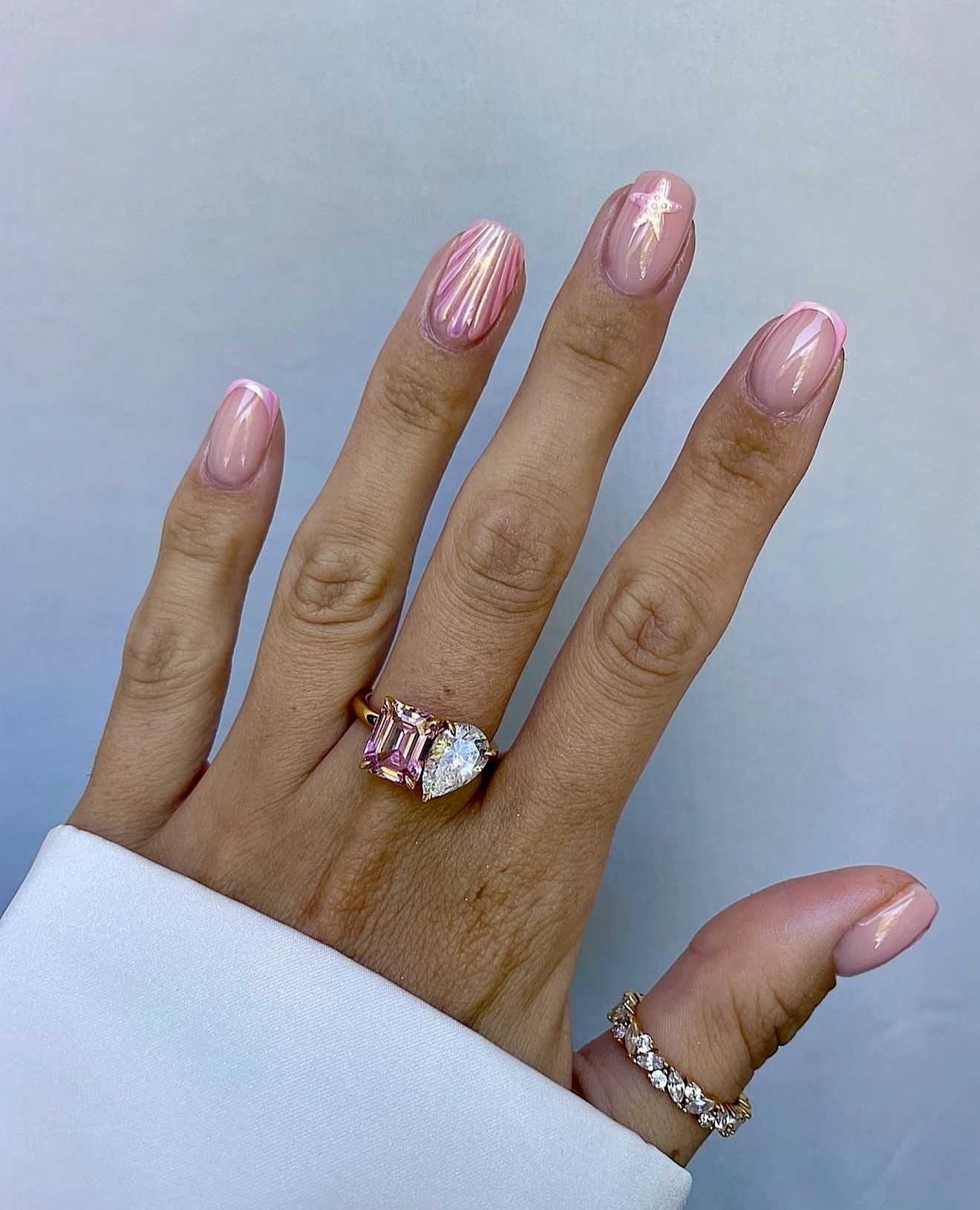 Iridescent Pink French Shell Swirl Nails