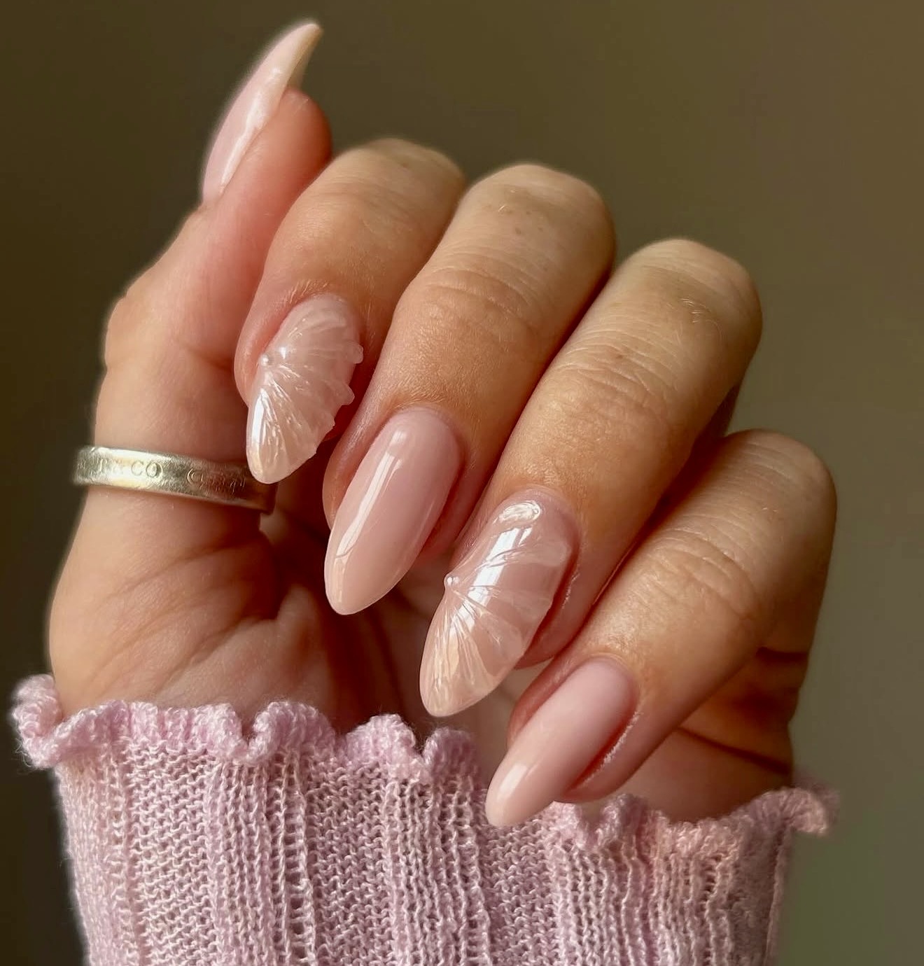 Iridescent Shell Accent Nails with Pearls