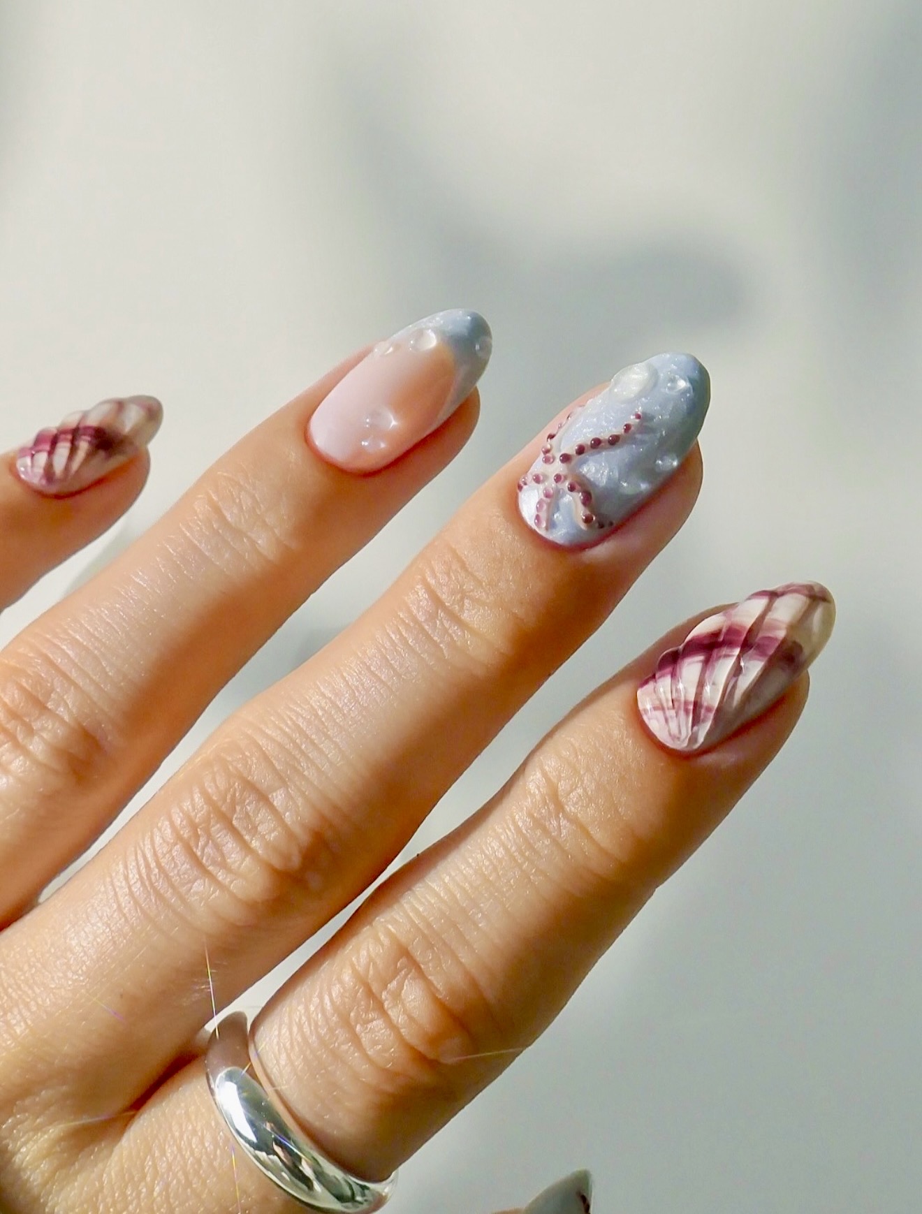 Iridescent Shell & Plaid French Tip Nails