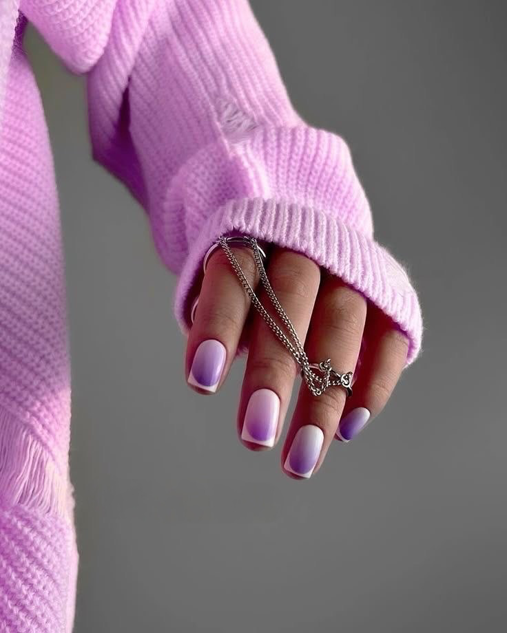 Lilac And White French Ombre Square Nails
