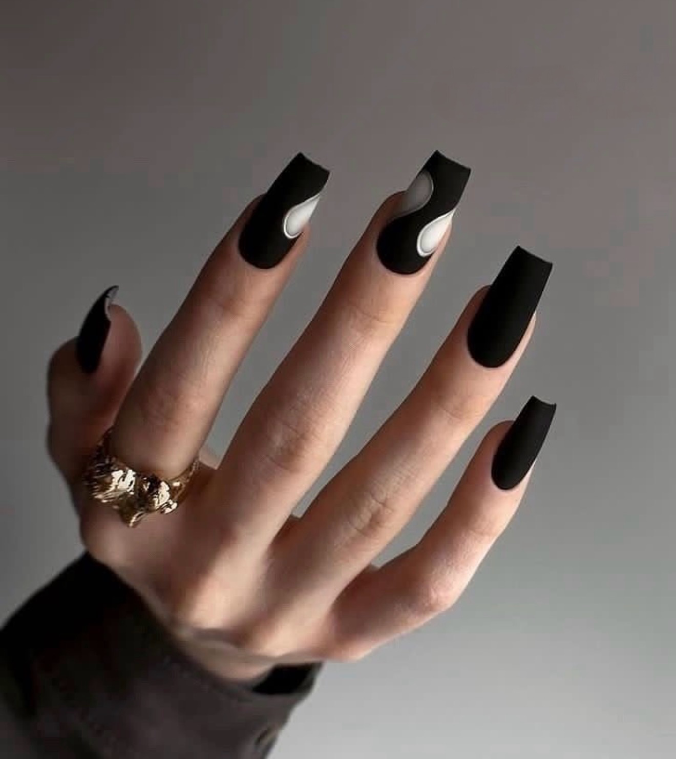 Matte Black Coffin Nails With Yin Yang Swirl Art