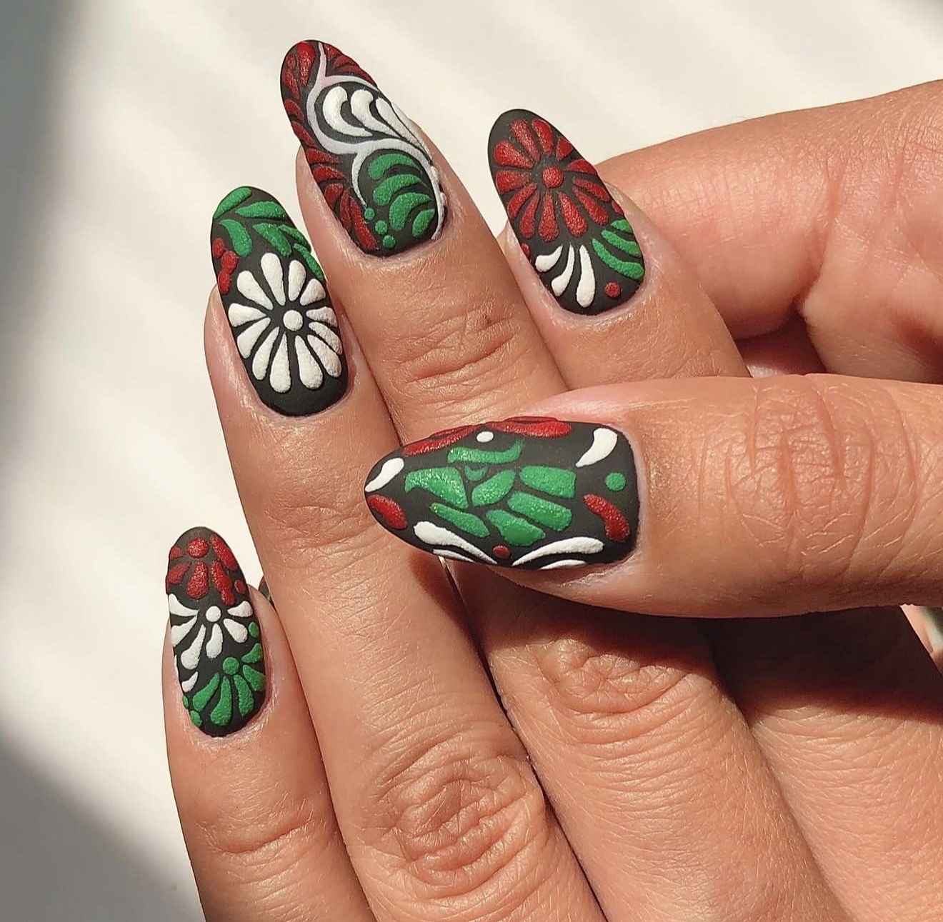 Matte Black Floral Mexican Folk Art Nails