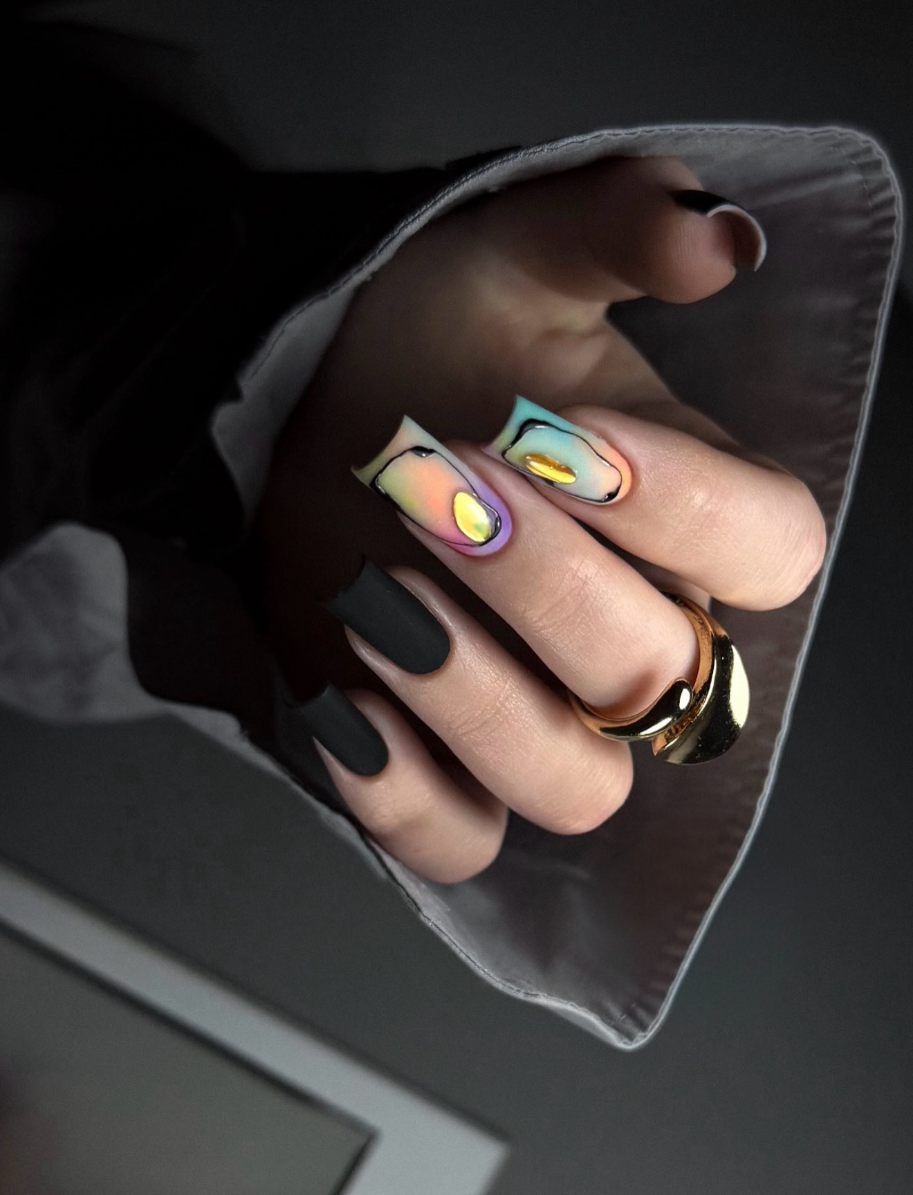 Matte Black French Tip Abstract Art Nails