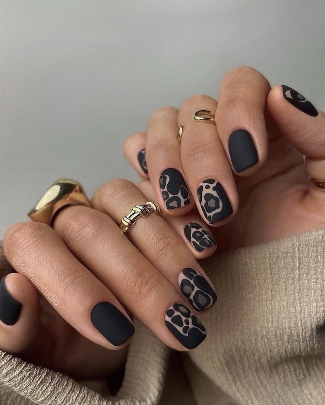 Matte Black Leopard Print Short Square Nails