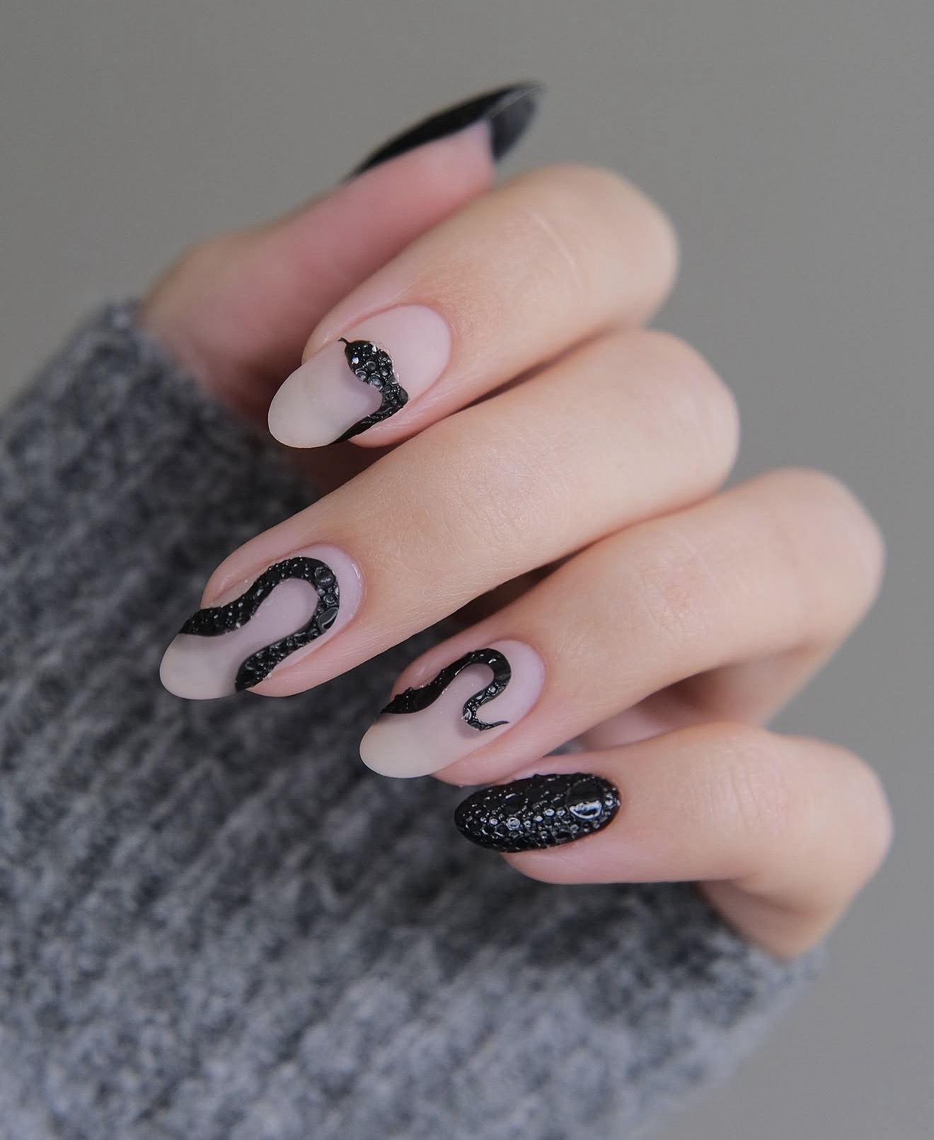 Matte Black Snake Embossed Oval Nails