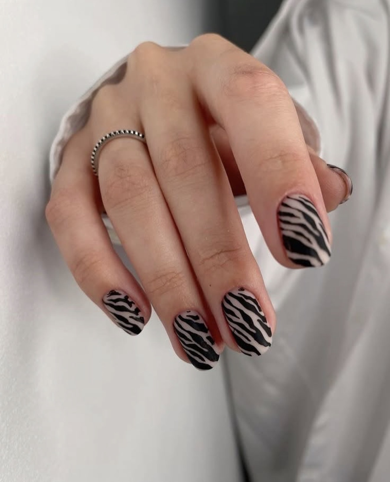 Matte Black Zebra Print Oval Nails