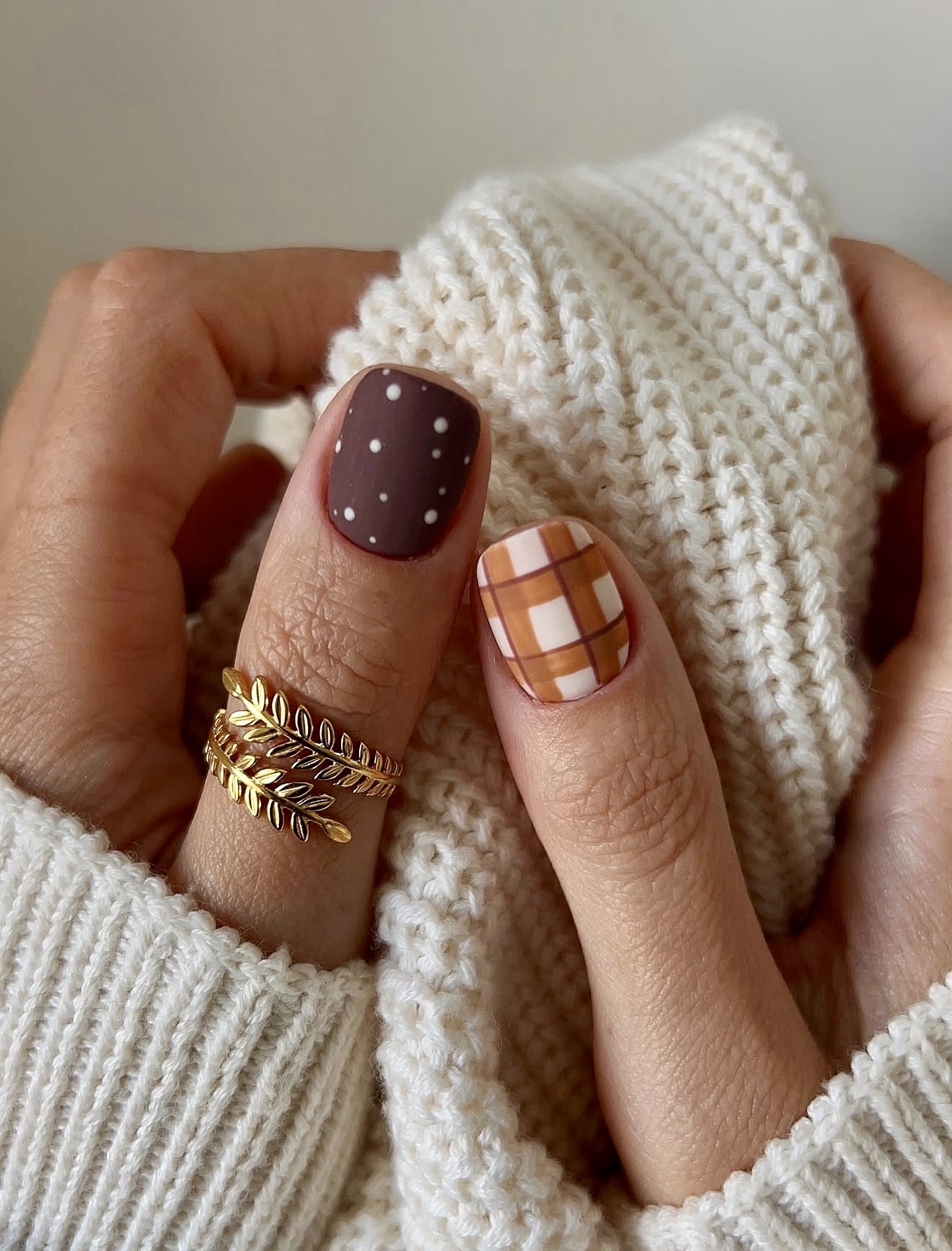 Matte Brown & Plaid Fall Nail Art Combo