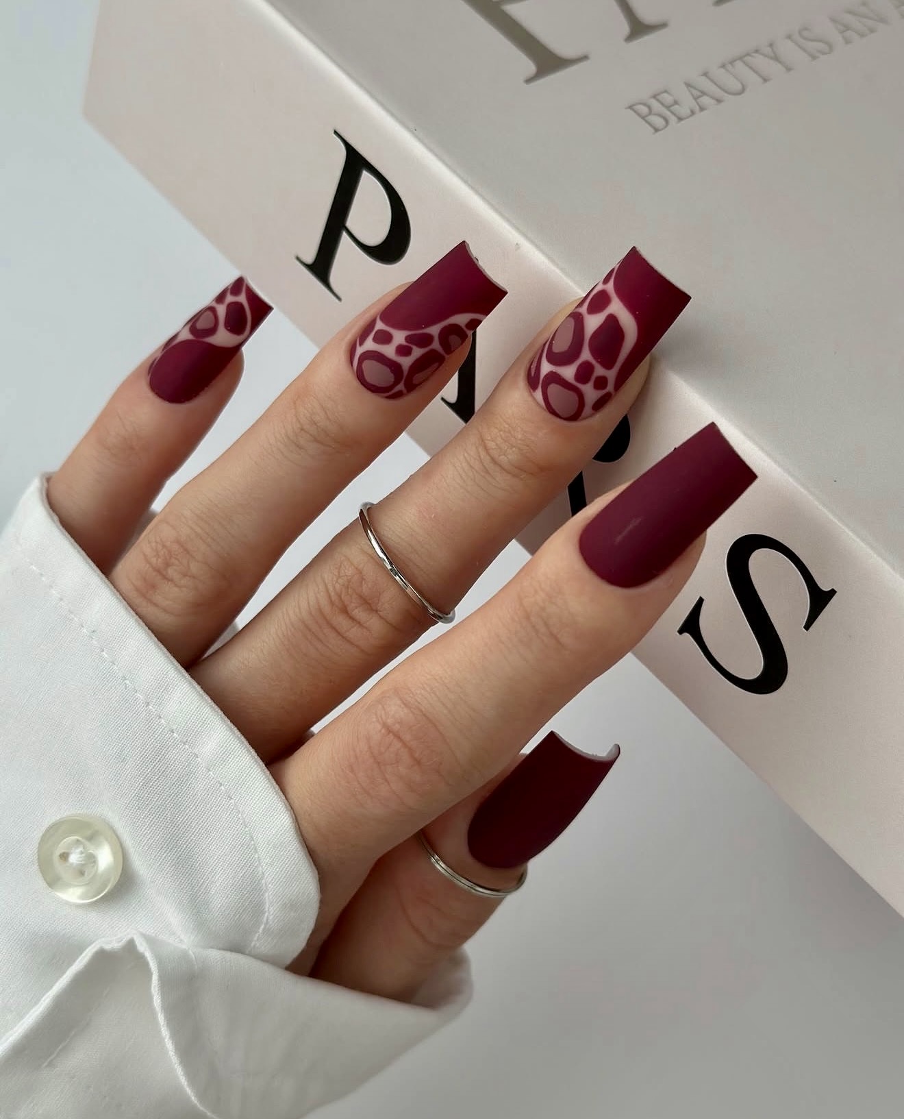 Matte Burgundy Abstract Swirl Square Nails
