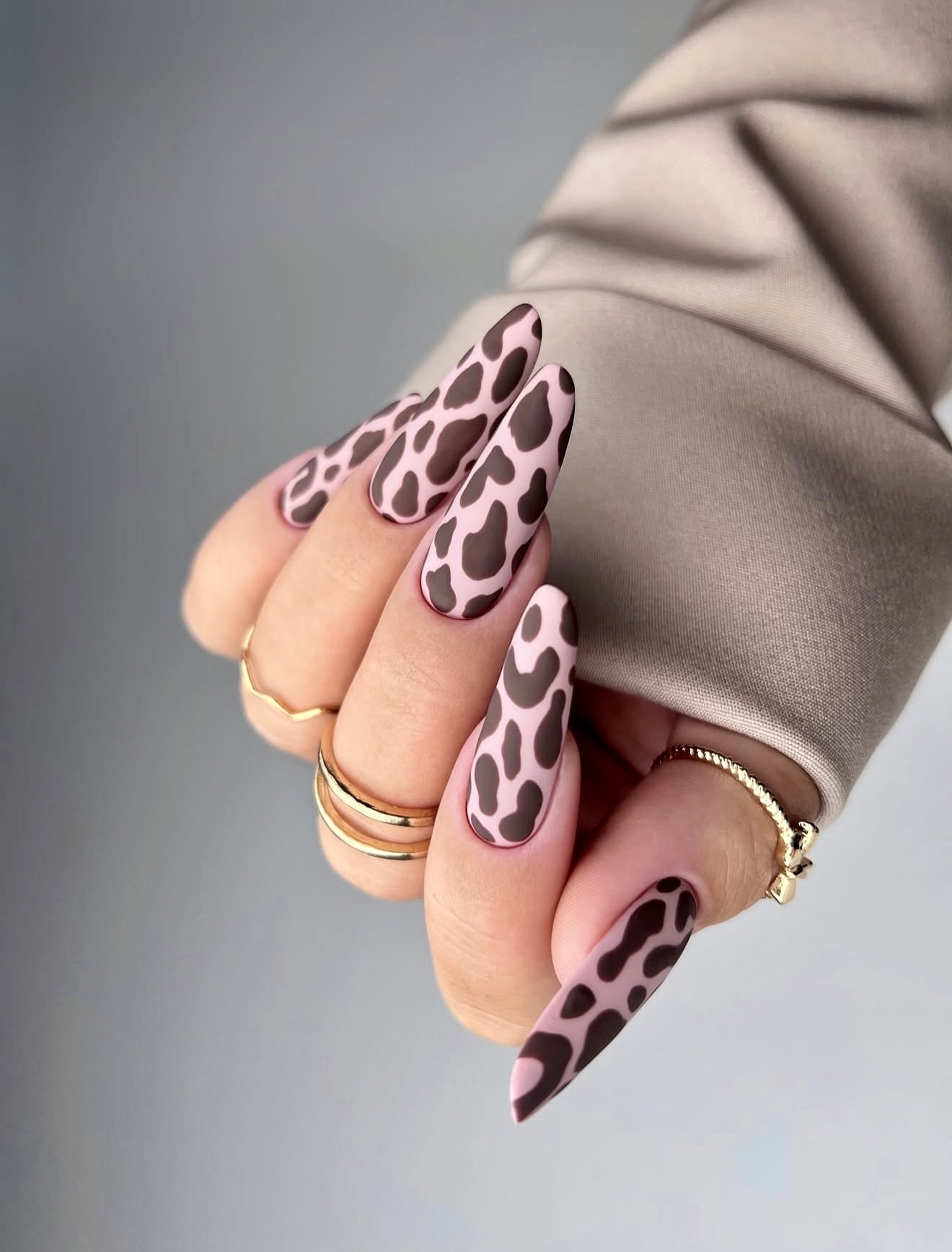 Matte Cow Print Almond Nails
