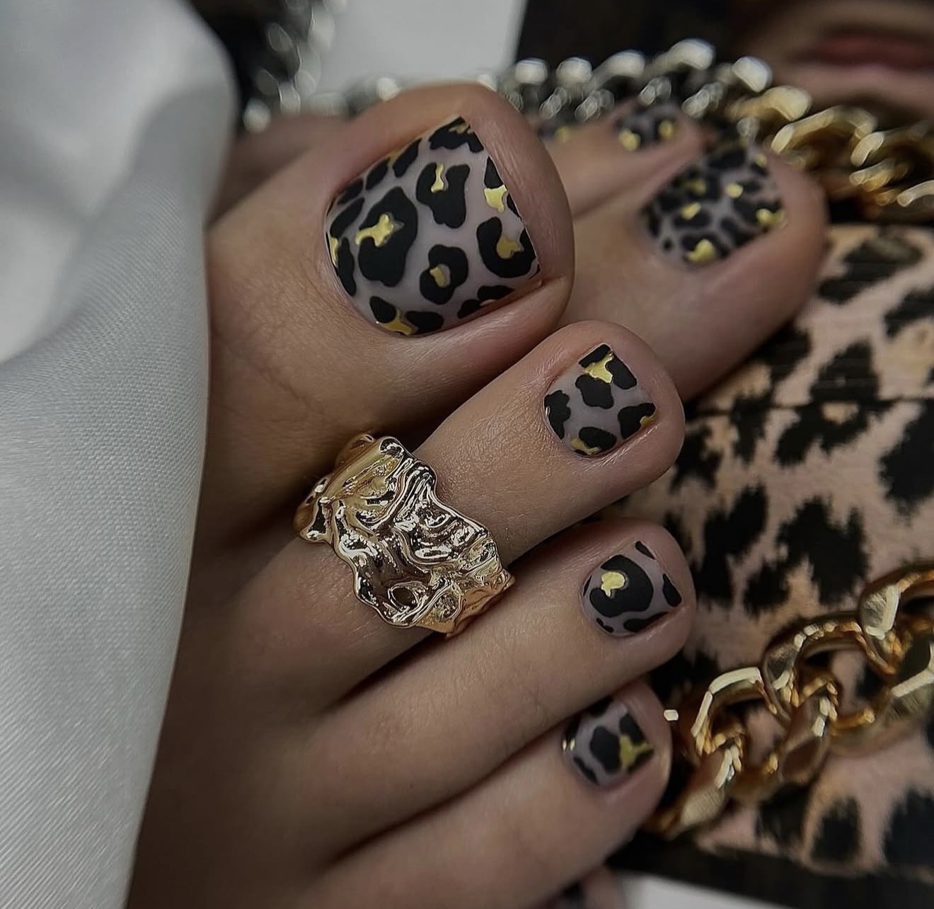 Matte Leopard Print Pedicure with Gold Accents