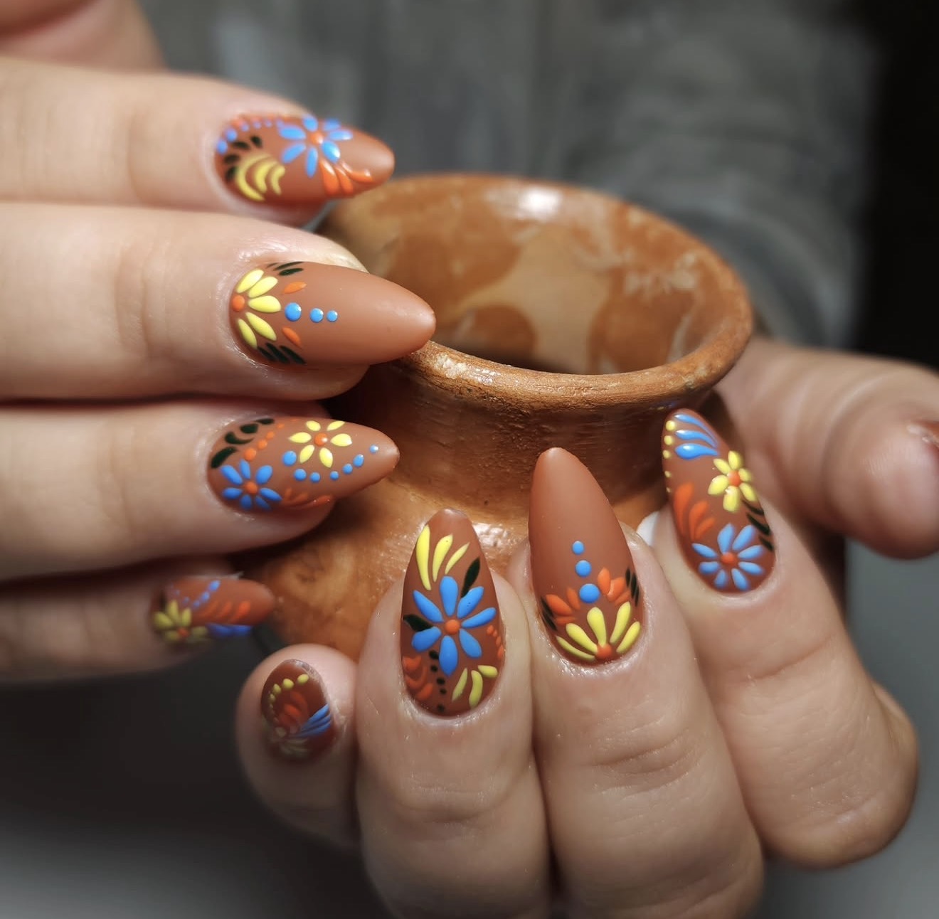 Matte Mexican Folk Art Floral Almond Nails