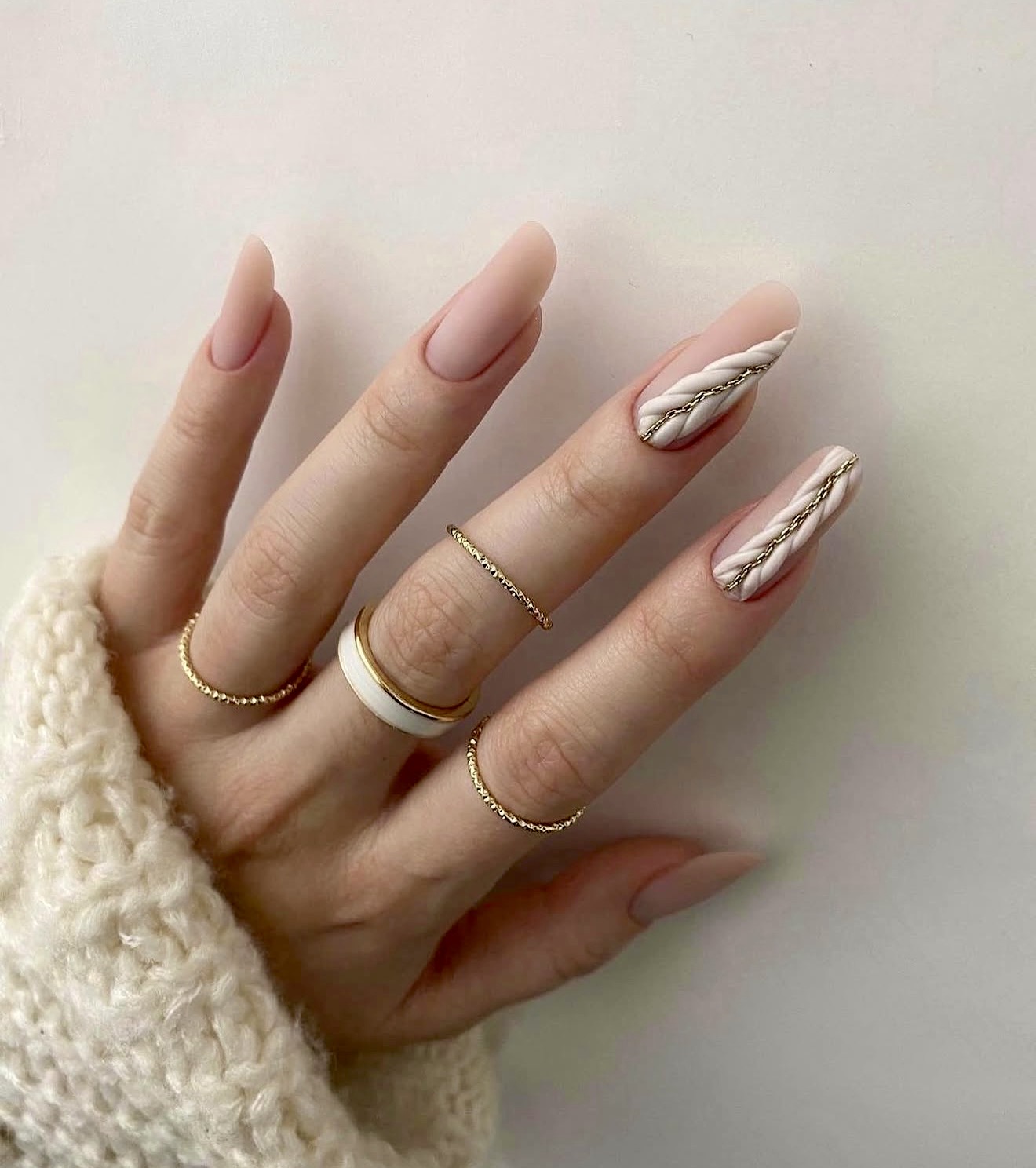 Matte Nude Cable Knit Coffin Nails