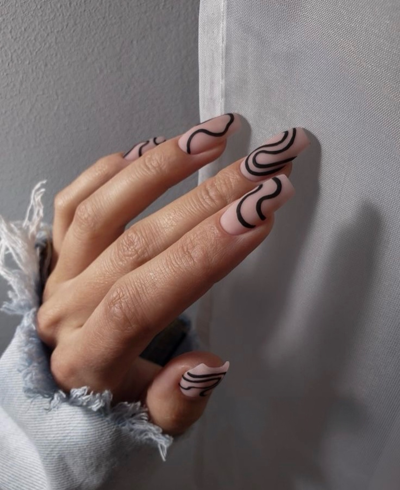 Matte Nude Swirl Line Art Coffin Nails