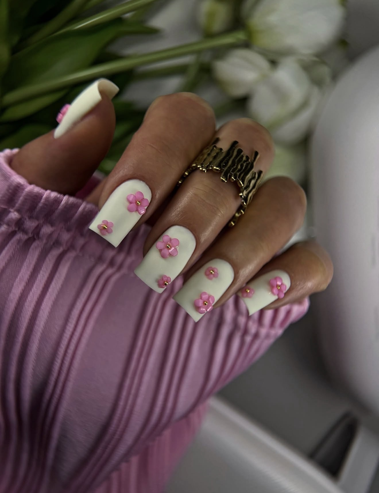 Matte White Square Nails with Pink 3D Flowers