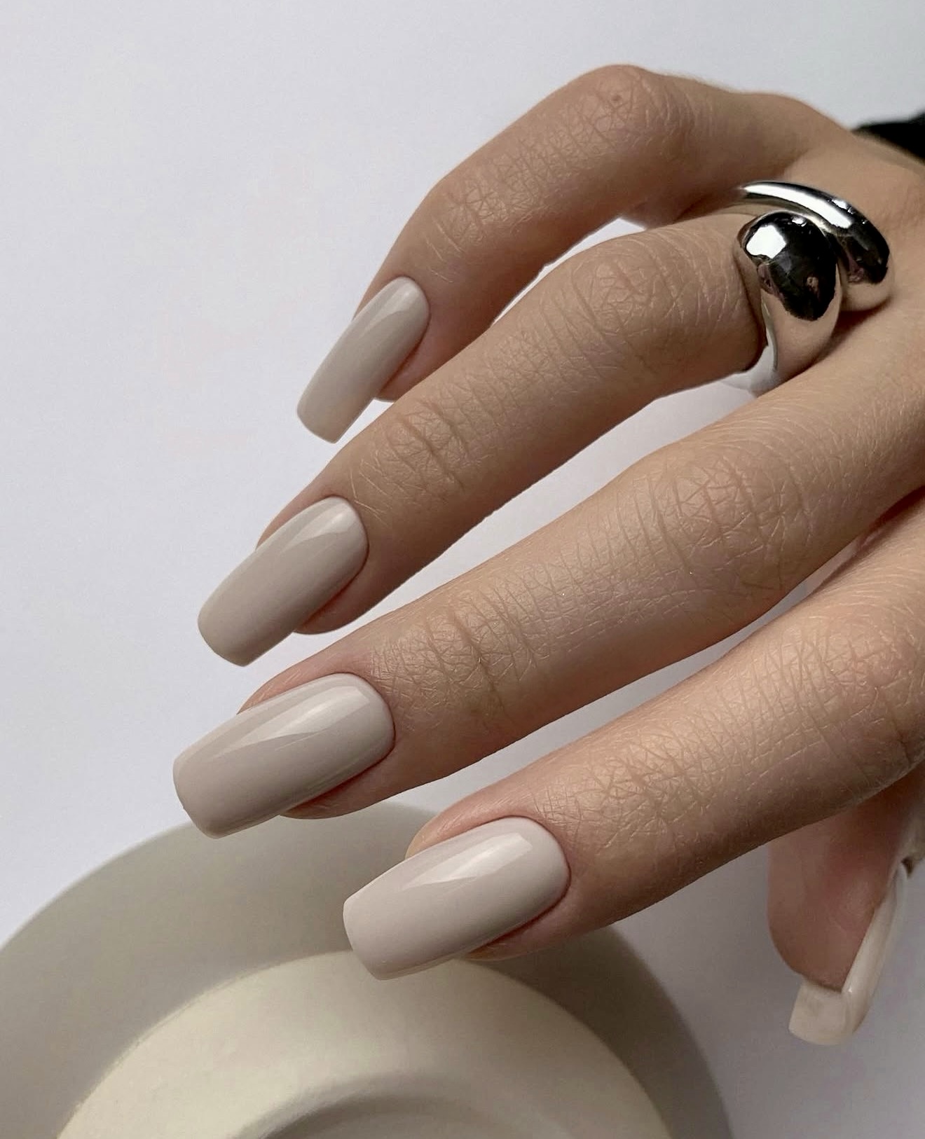 Milky Beige Long Square Glossy Nails