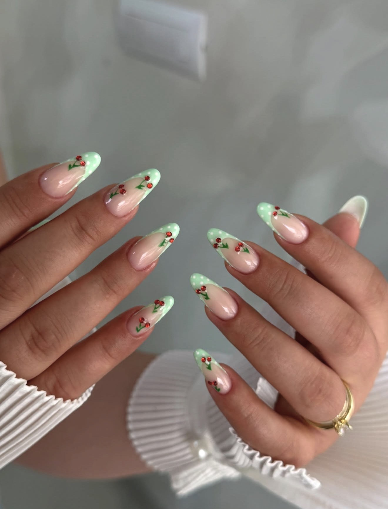 Mint Polka Dot Cherry French Tip Nails
