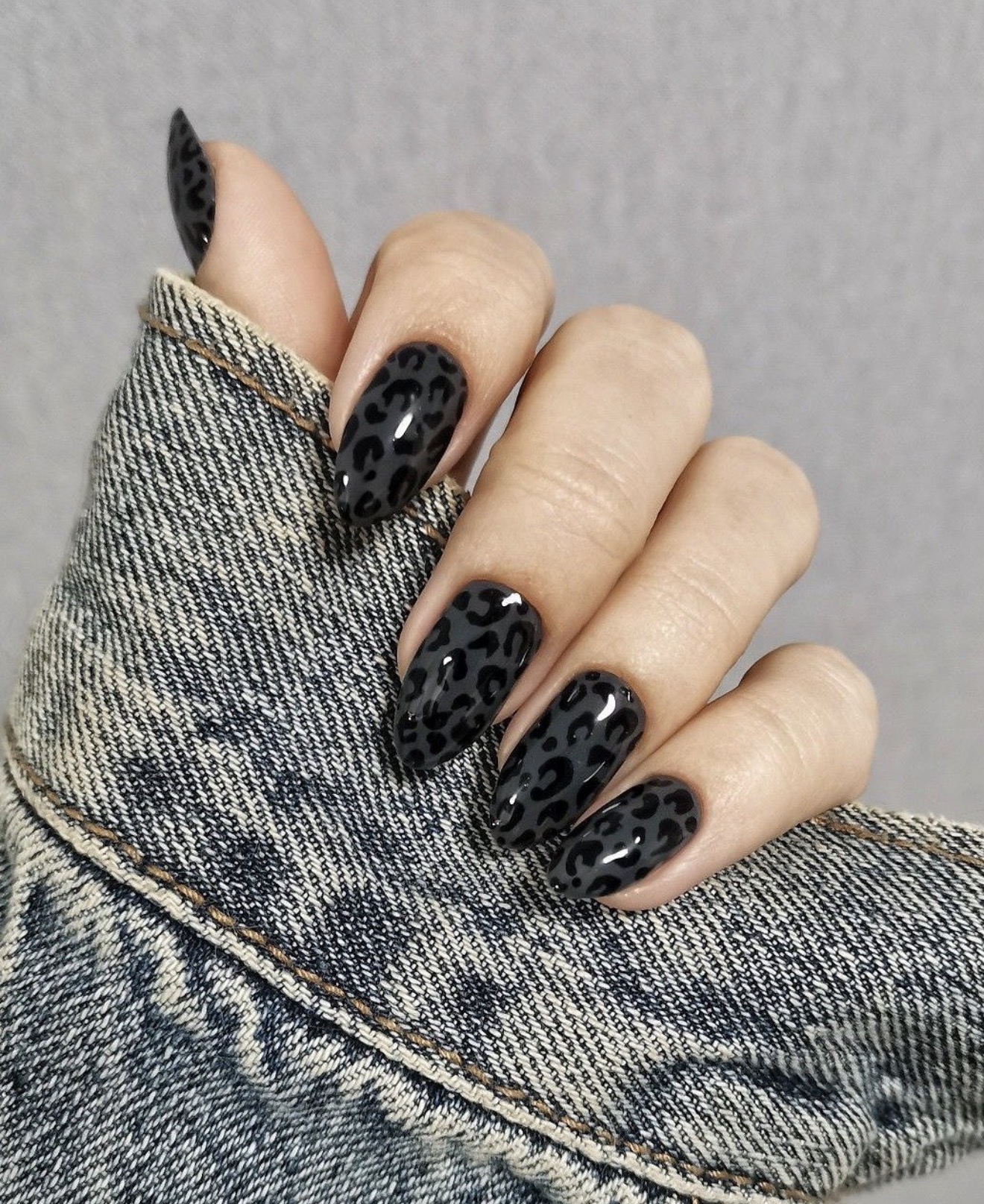 Monochromatic Black Leopard Print Almond Nails