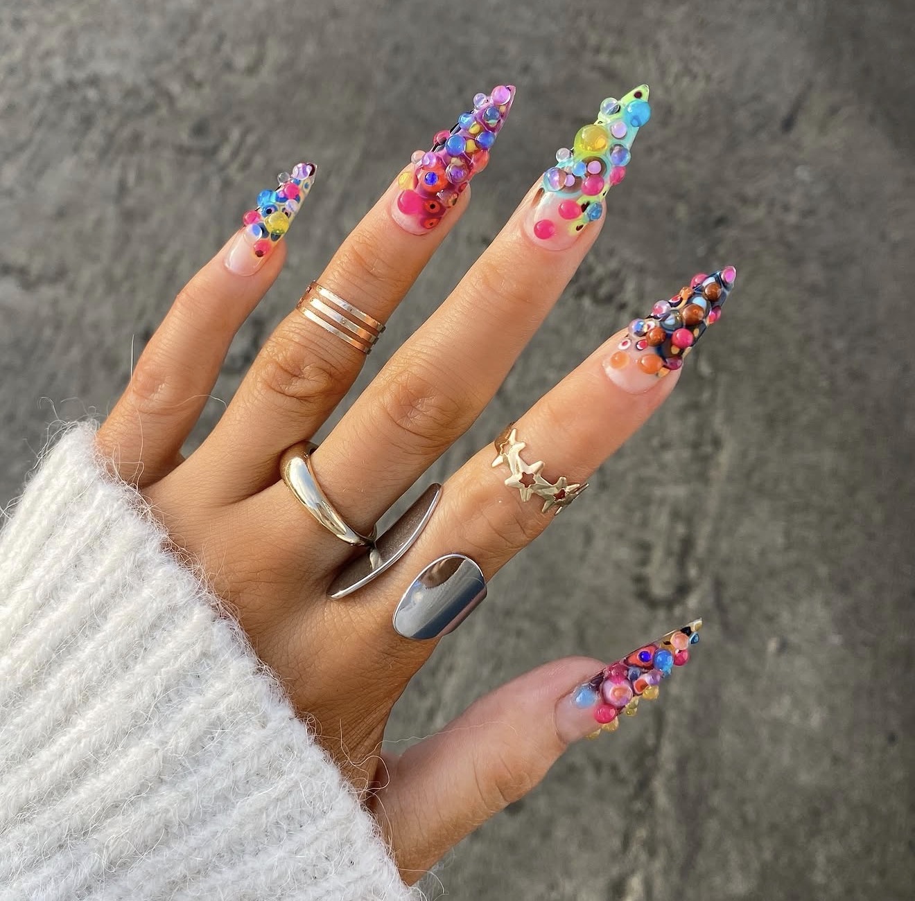 Multi-Chrome 3D Bubble Gem Stone Stiletto Nails