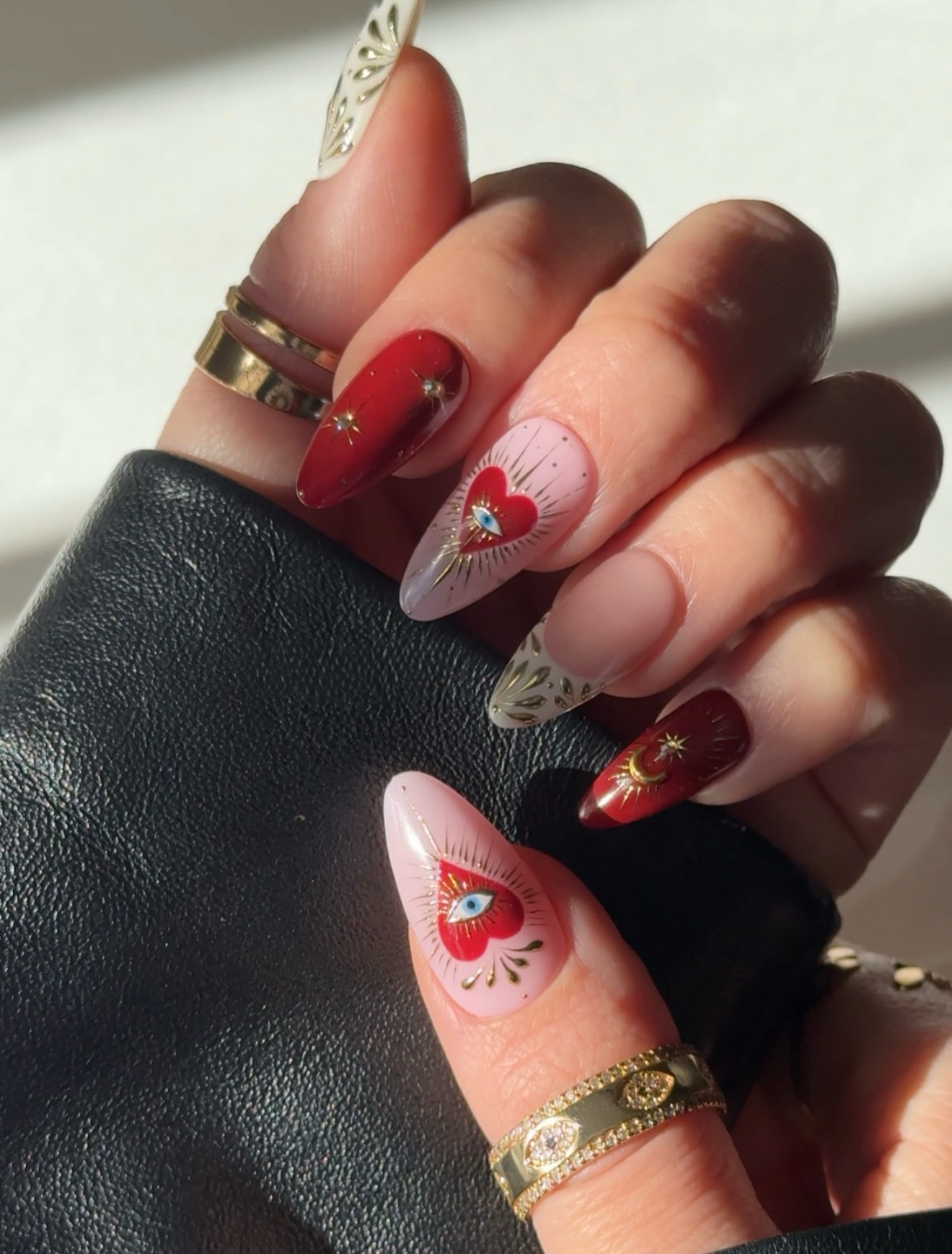 Mystical Evil Eye Heart Almond Nails