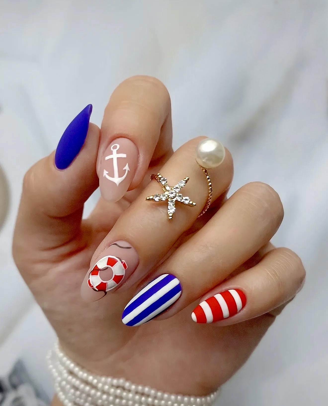 Nautical Anchor And Stripes Matte Stiletto Nails