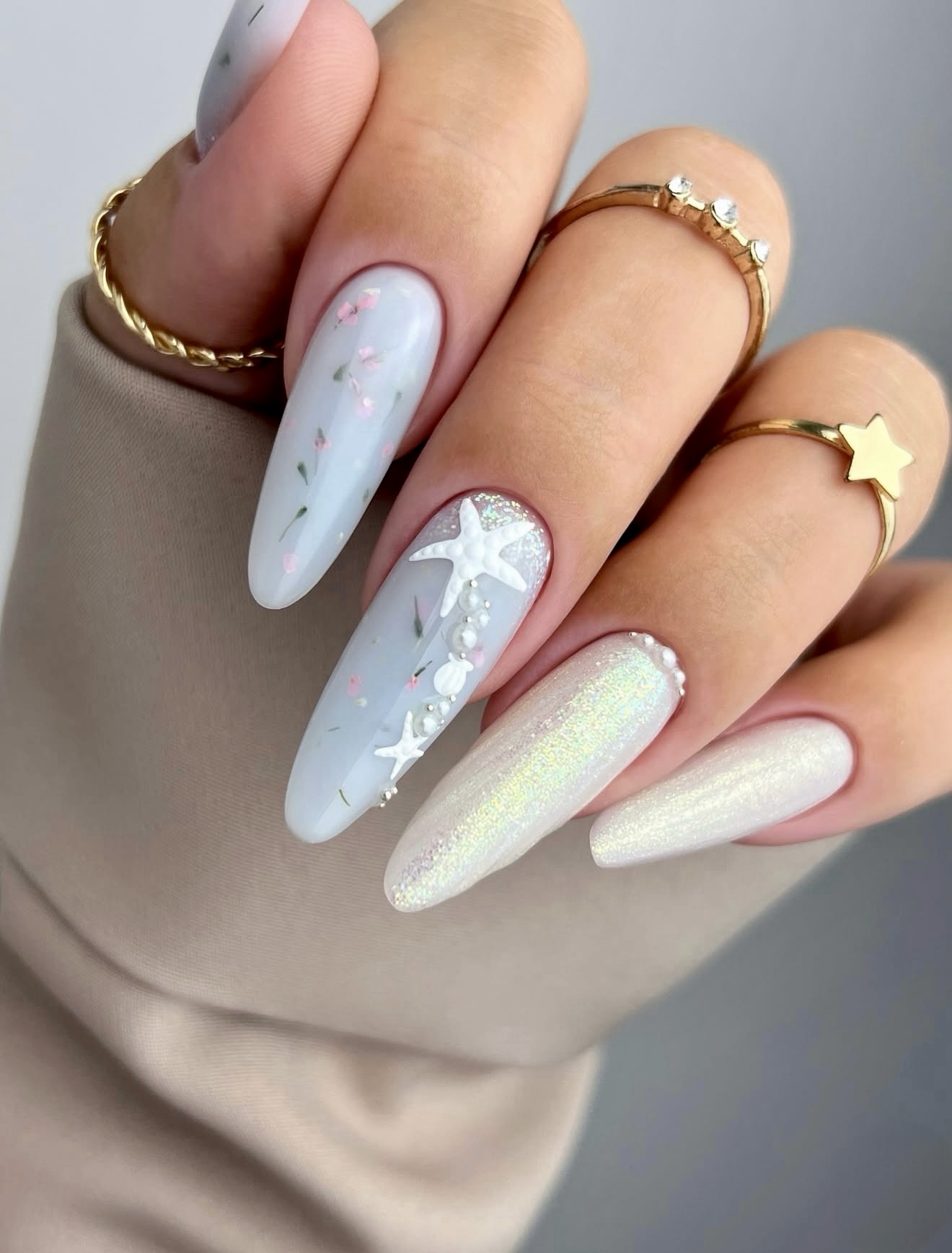 Nautical Seashell and Starfish Nail Art
