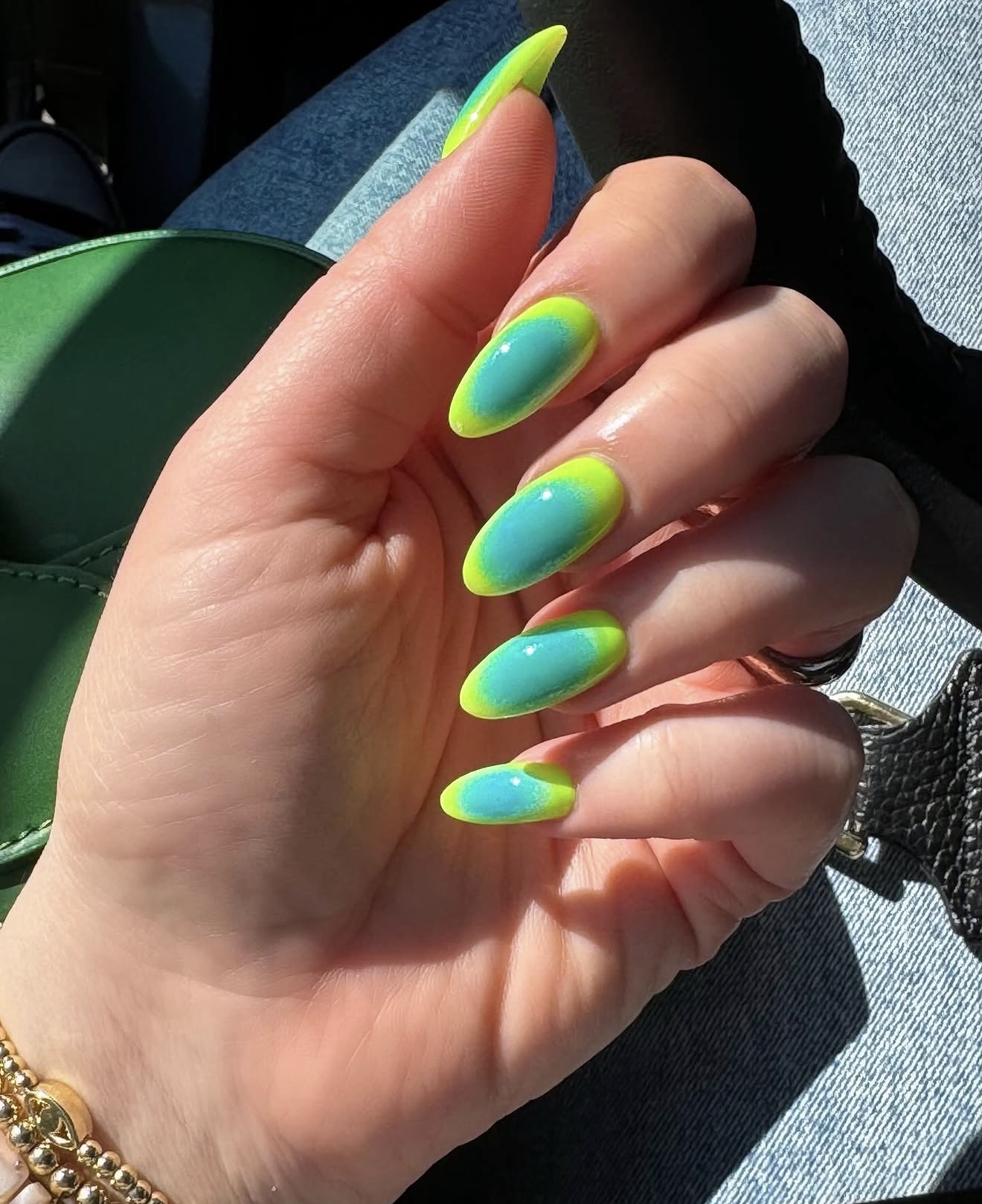Neon Lime and Teal Aura French Tips