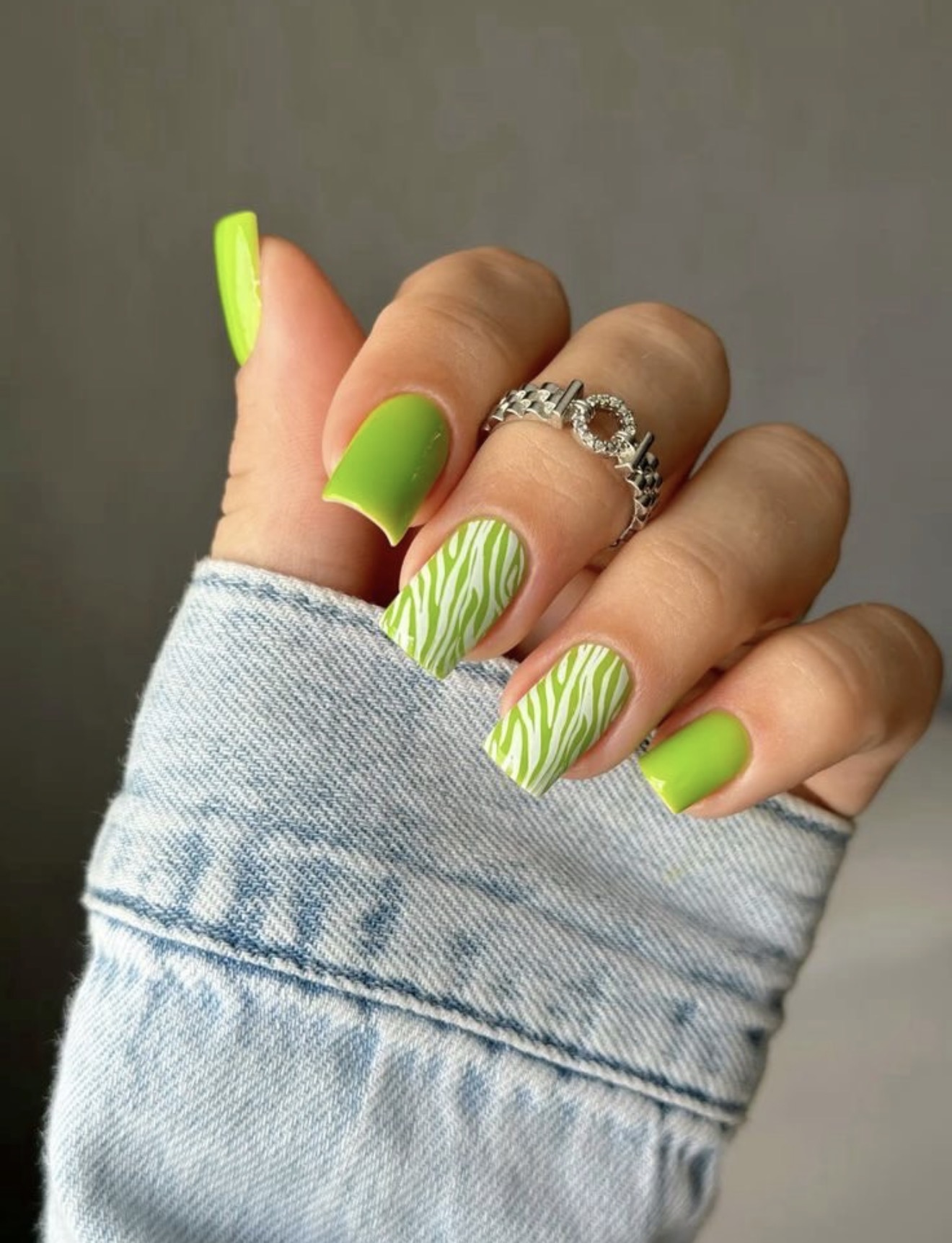Neon Lime Green Zebra Print Square Nails