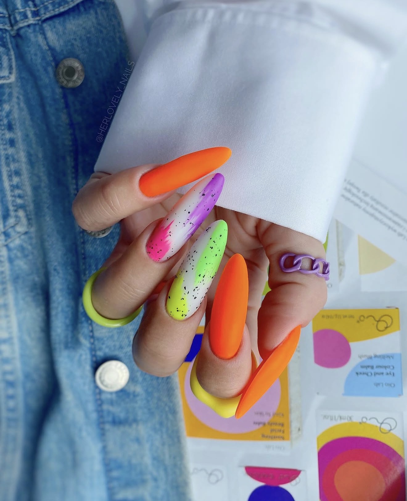 Neon Matte Gradient French Tips with Speckles