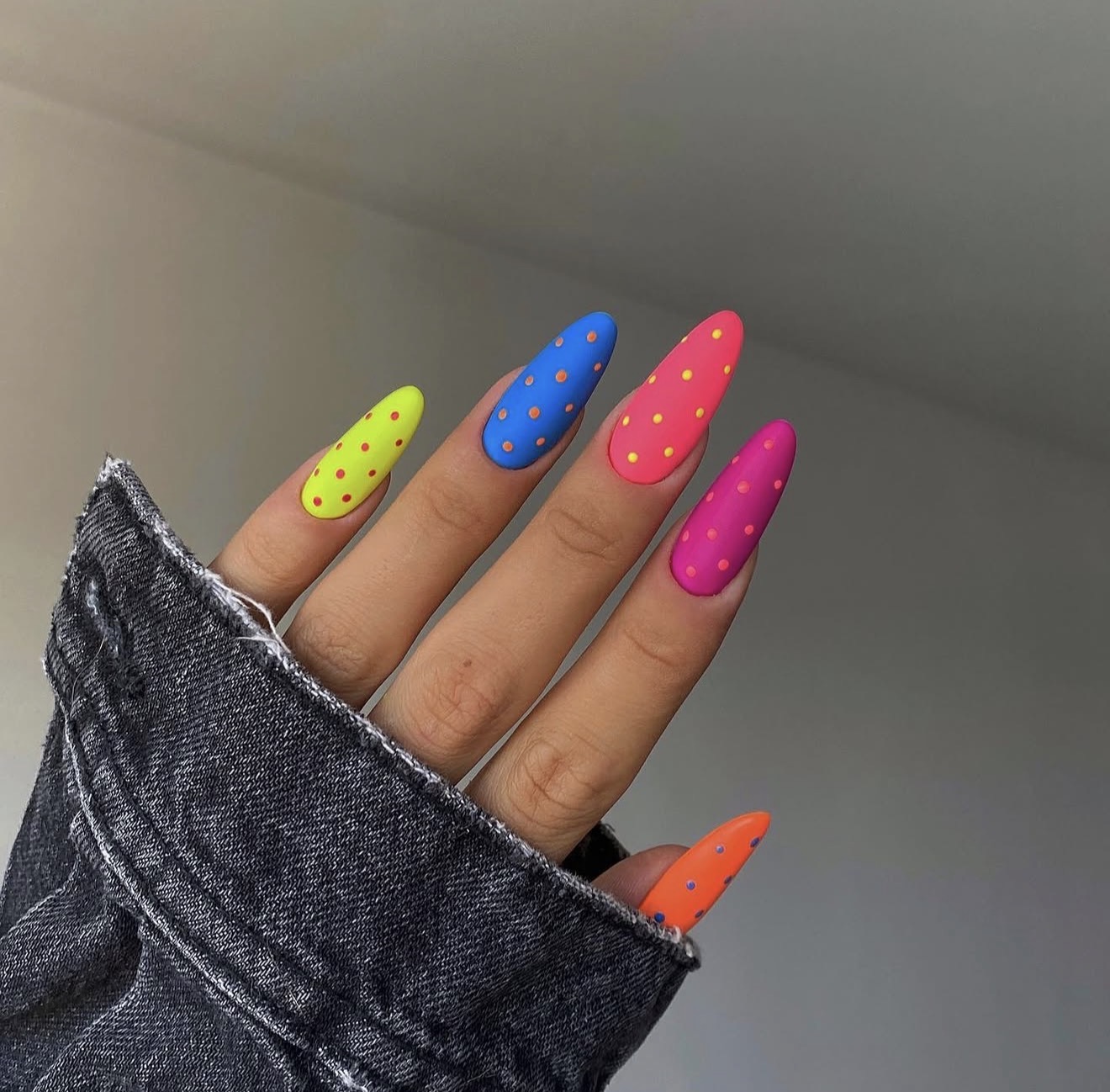 Neon Matte Polka Dot Almond Nails