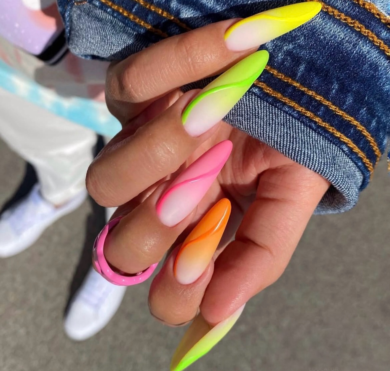 Neon Ombre Swirl Stiletto Nails
