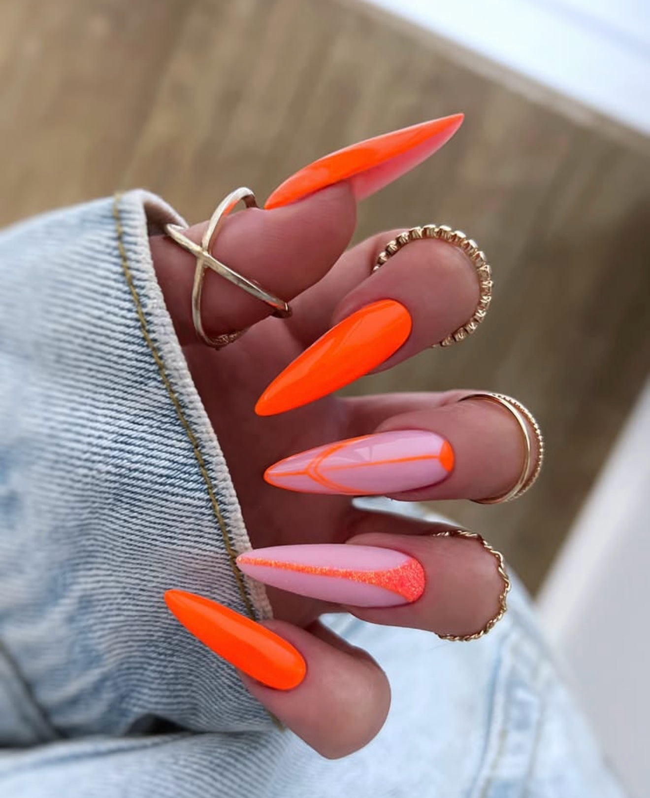Neon Orange & Pink Abstract Stiletto Nails