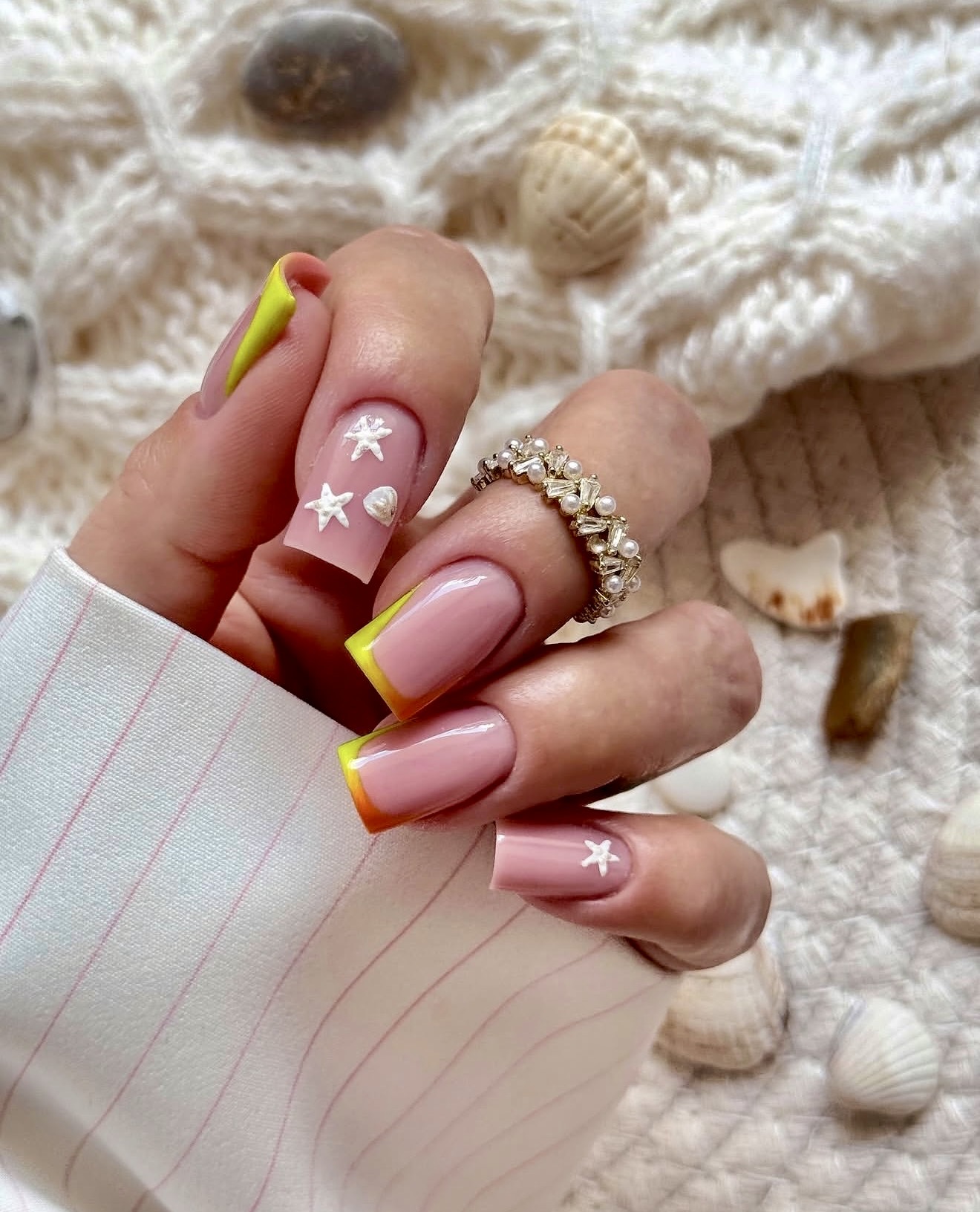 Neon Yellow & Orange French Tip Seashell Accents