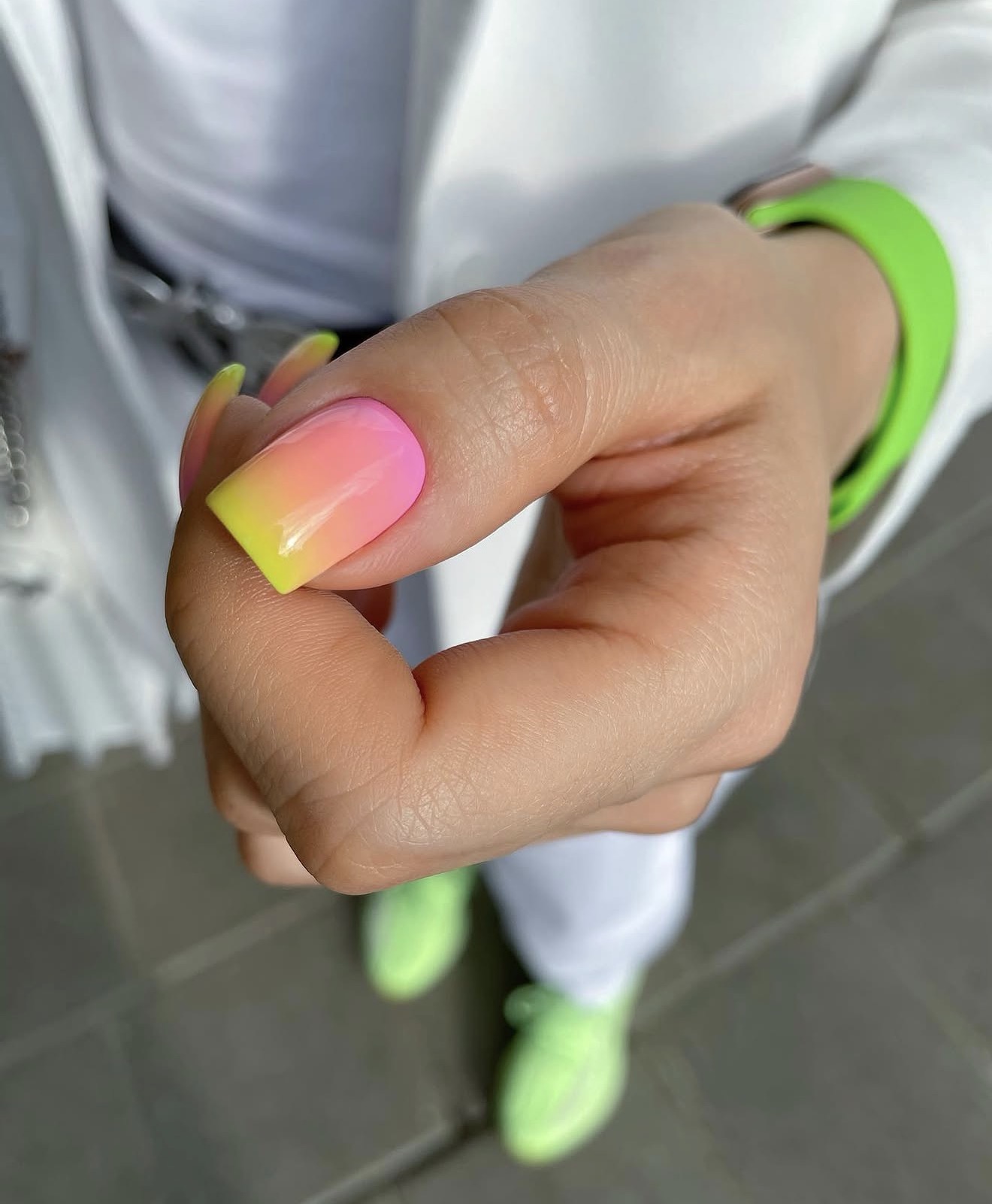 Neon Yellow Pink Gradient Square Nails