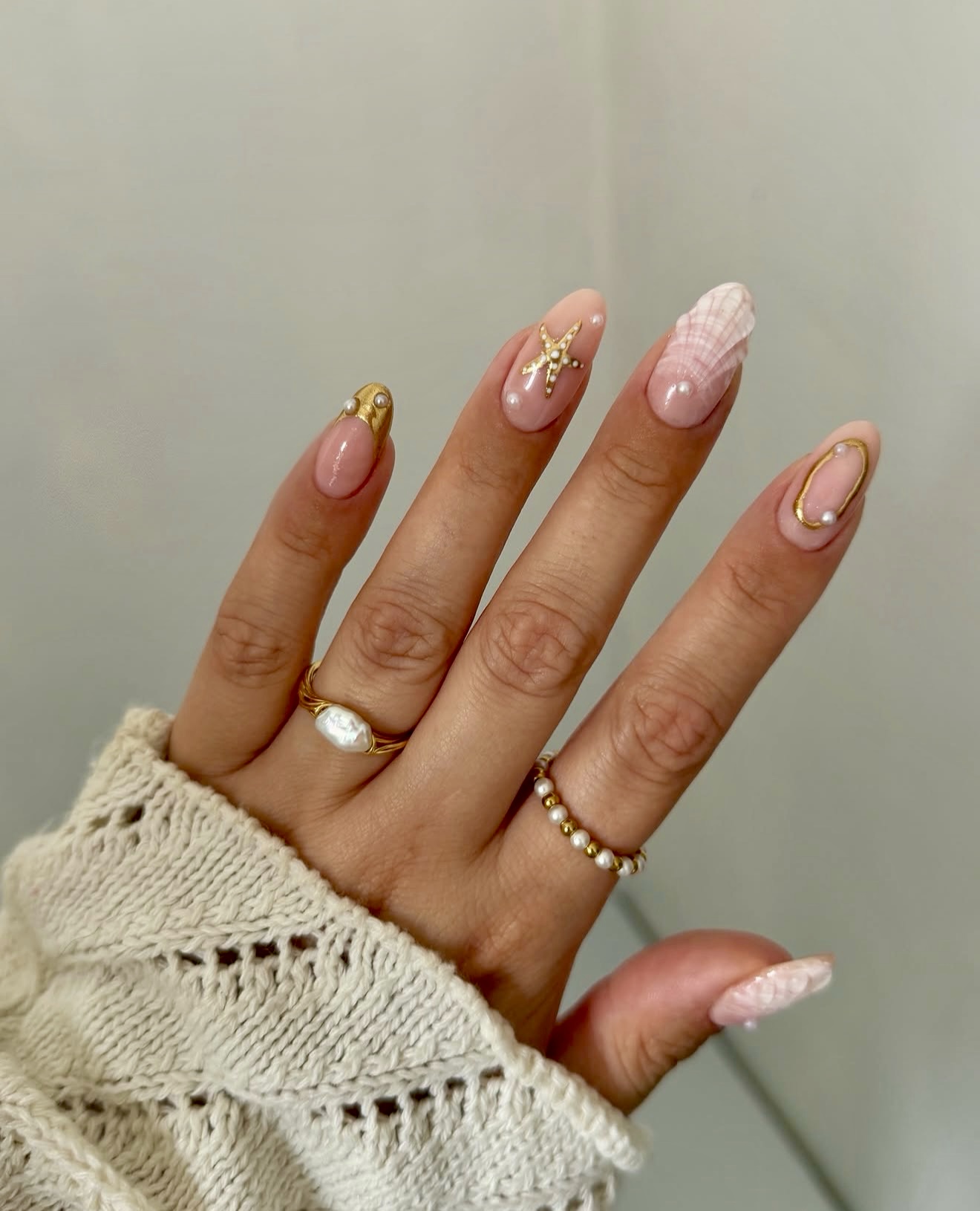 Ocean Pearl Shell and Starfish Nail Art
