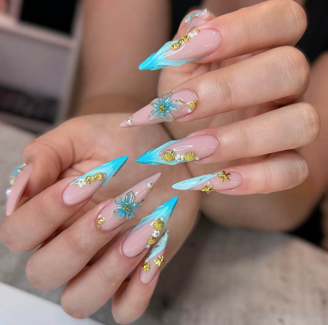 Ocean Wave 3D Floral Stiletto Nails